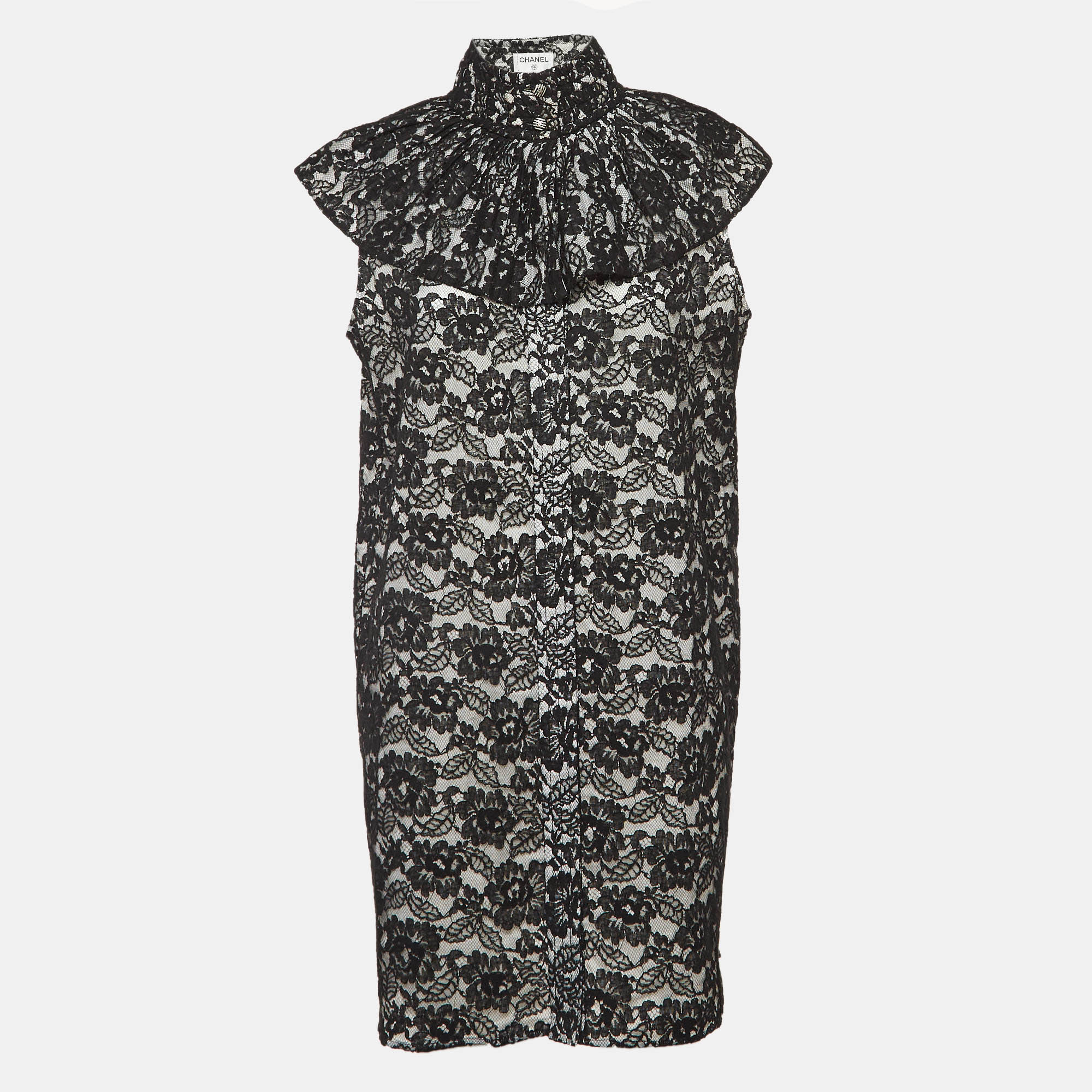 

Chanel Black Floral Lace Ruffled High Neck Mini Dress L