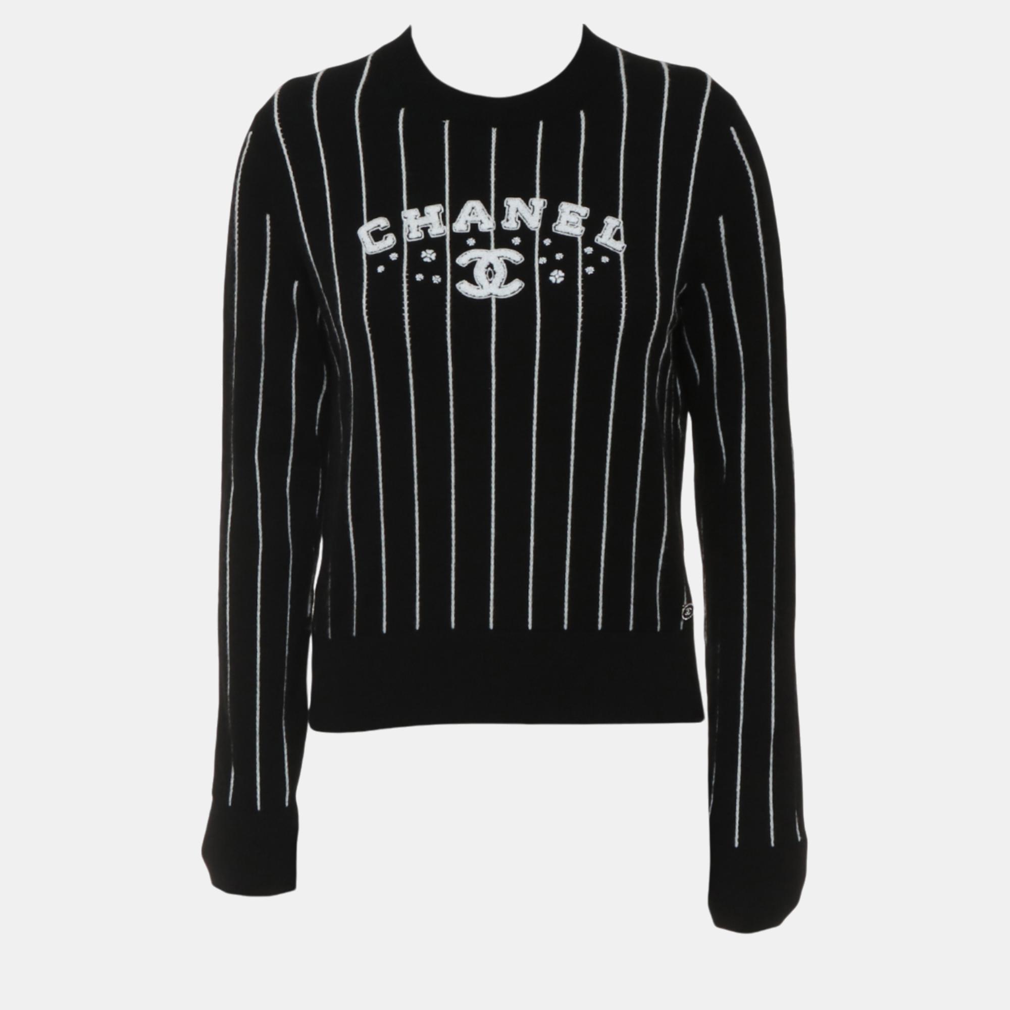 

Chanel Black Crew Neck Stripes Logo Sweater