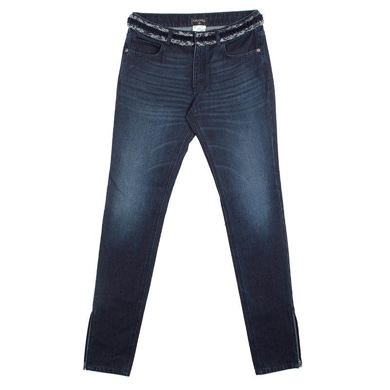 Chanel Indigo Dark Wash Denim Waist Applique Detail Stretch Jeans M