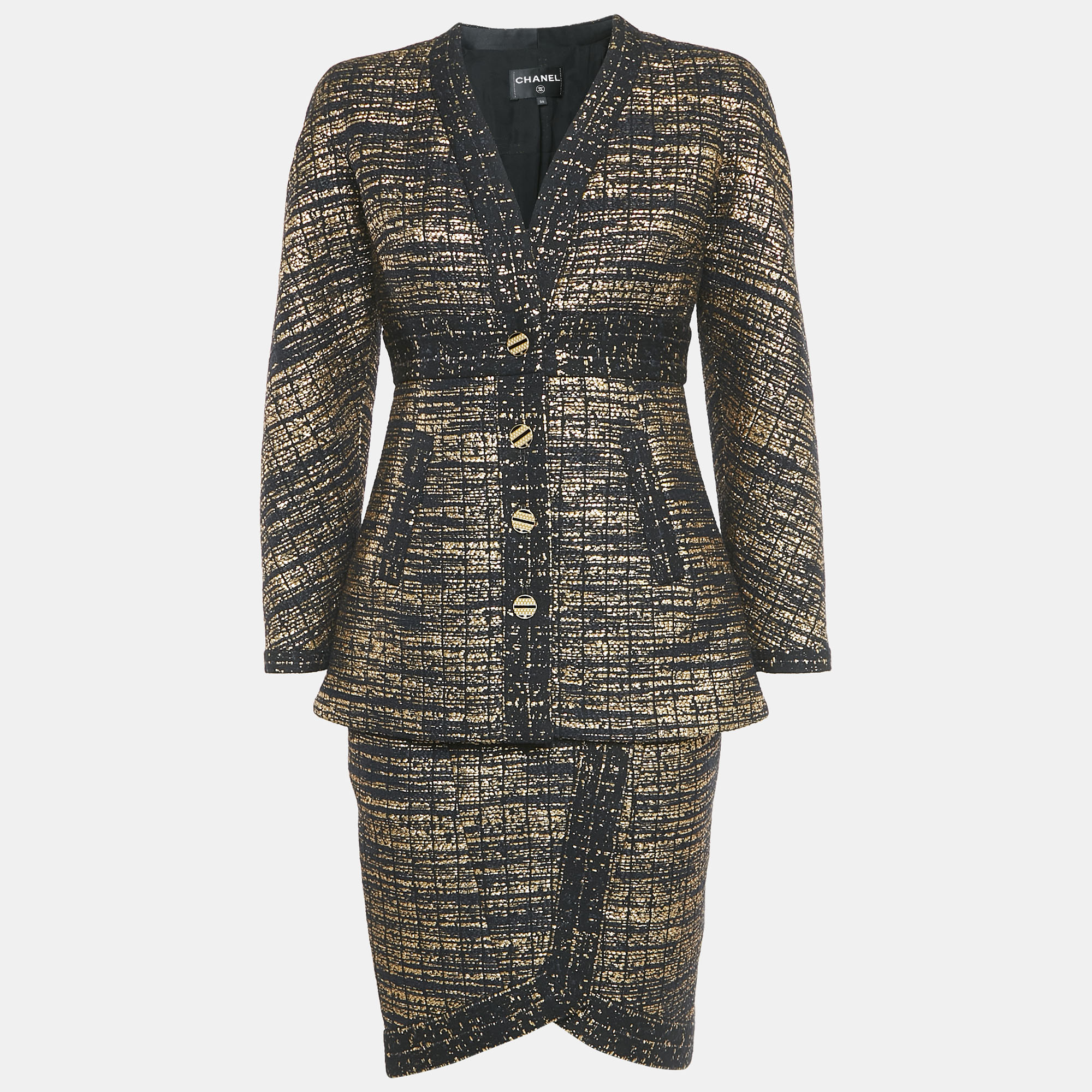 

Chanel Black/Gold Tweed Jacket and Skirt Set S