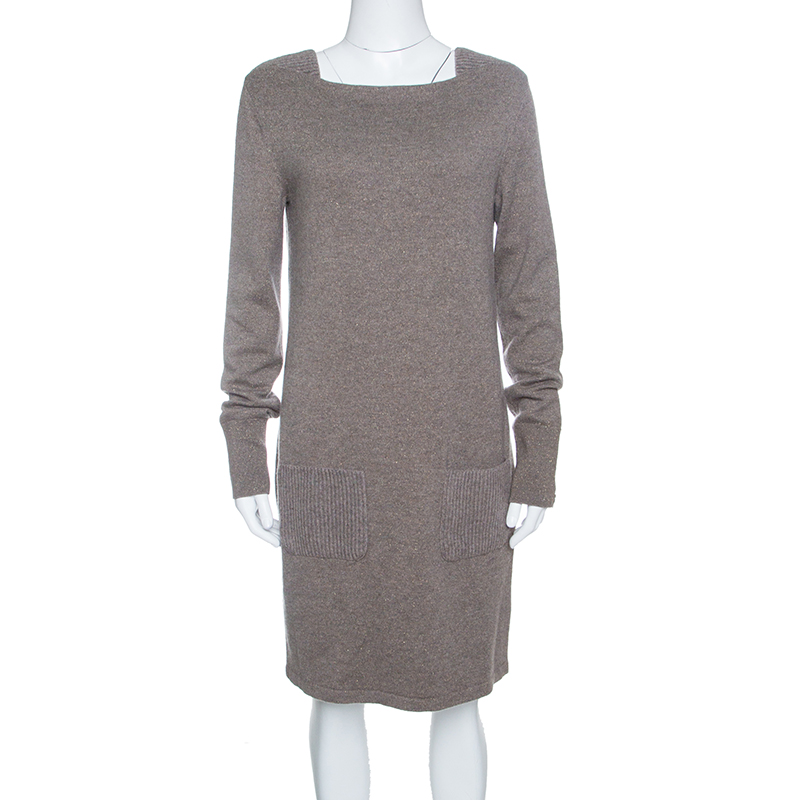 Chanel Brown Lurex Knit Long Sleeve Sweater Dress M