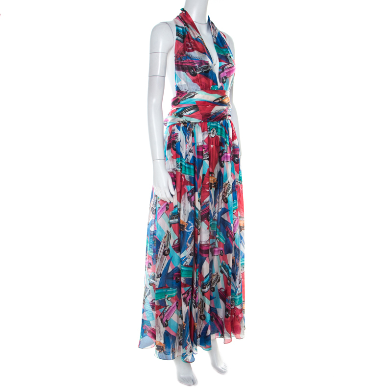 

Chanel Multicolor Retro Car Printed Silk Halter Neck Maxi Dress