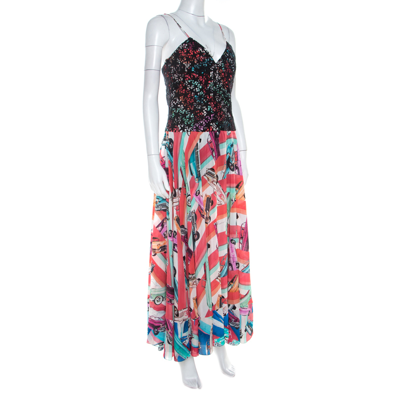 

Chanel Multicolor Retro Car Printed Silk Lace Bodice Detail Maxi Dress