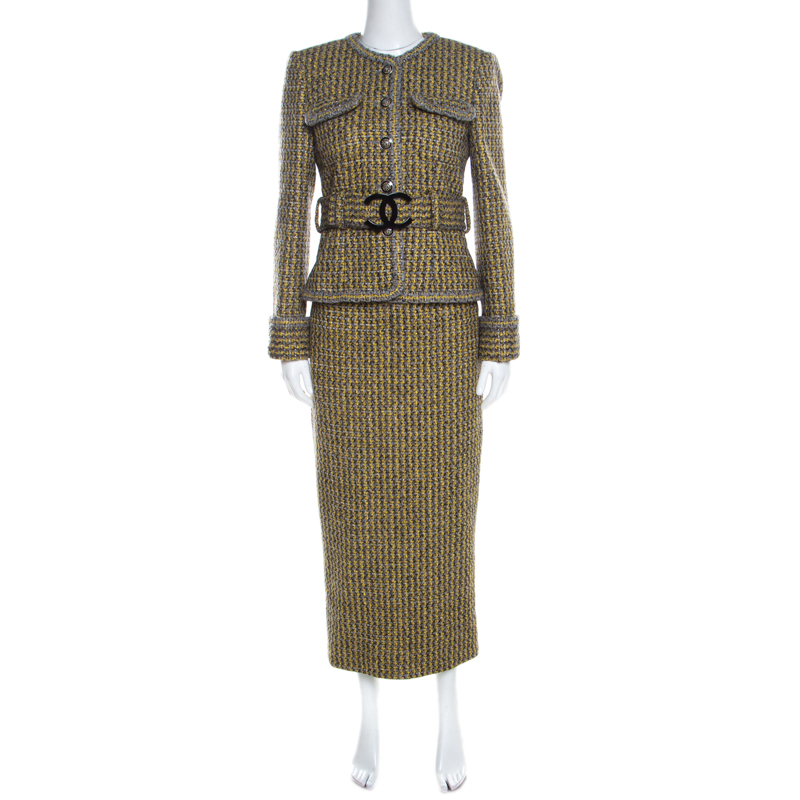 Chanel Yellow and Grey Fantasy Tweed Belted Blazer and Dress Set M