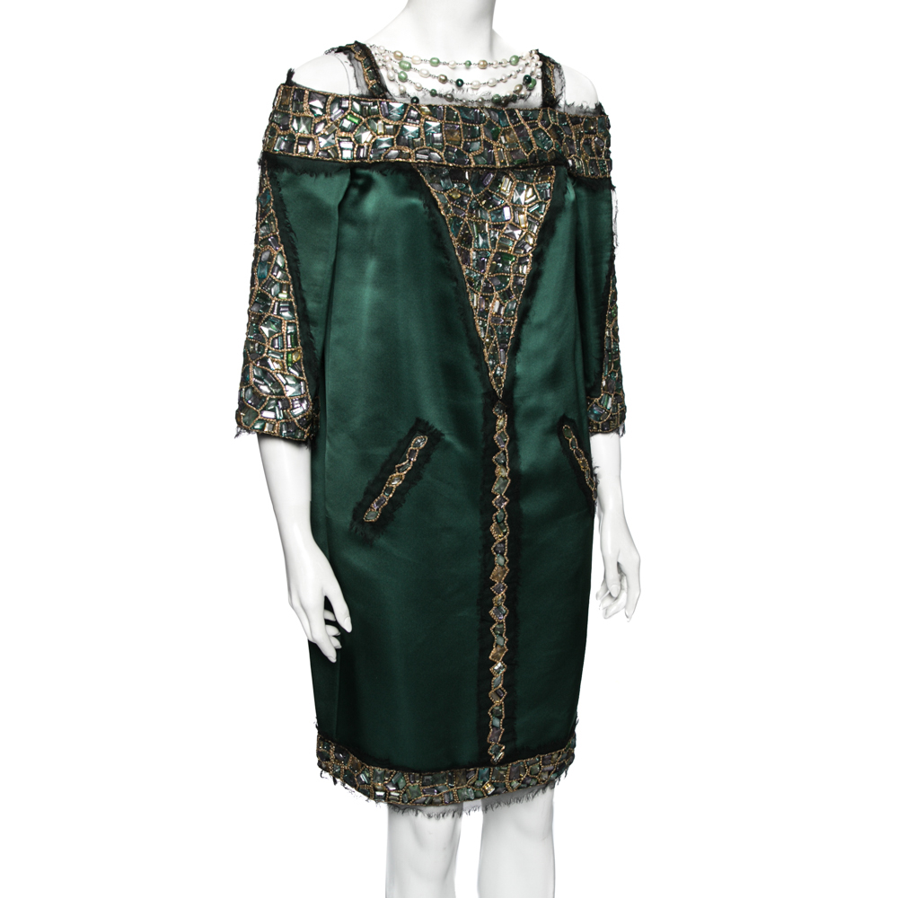 

Chanel Green Silk Crystal Embellished and Lace Trims Dress