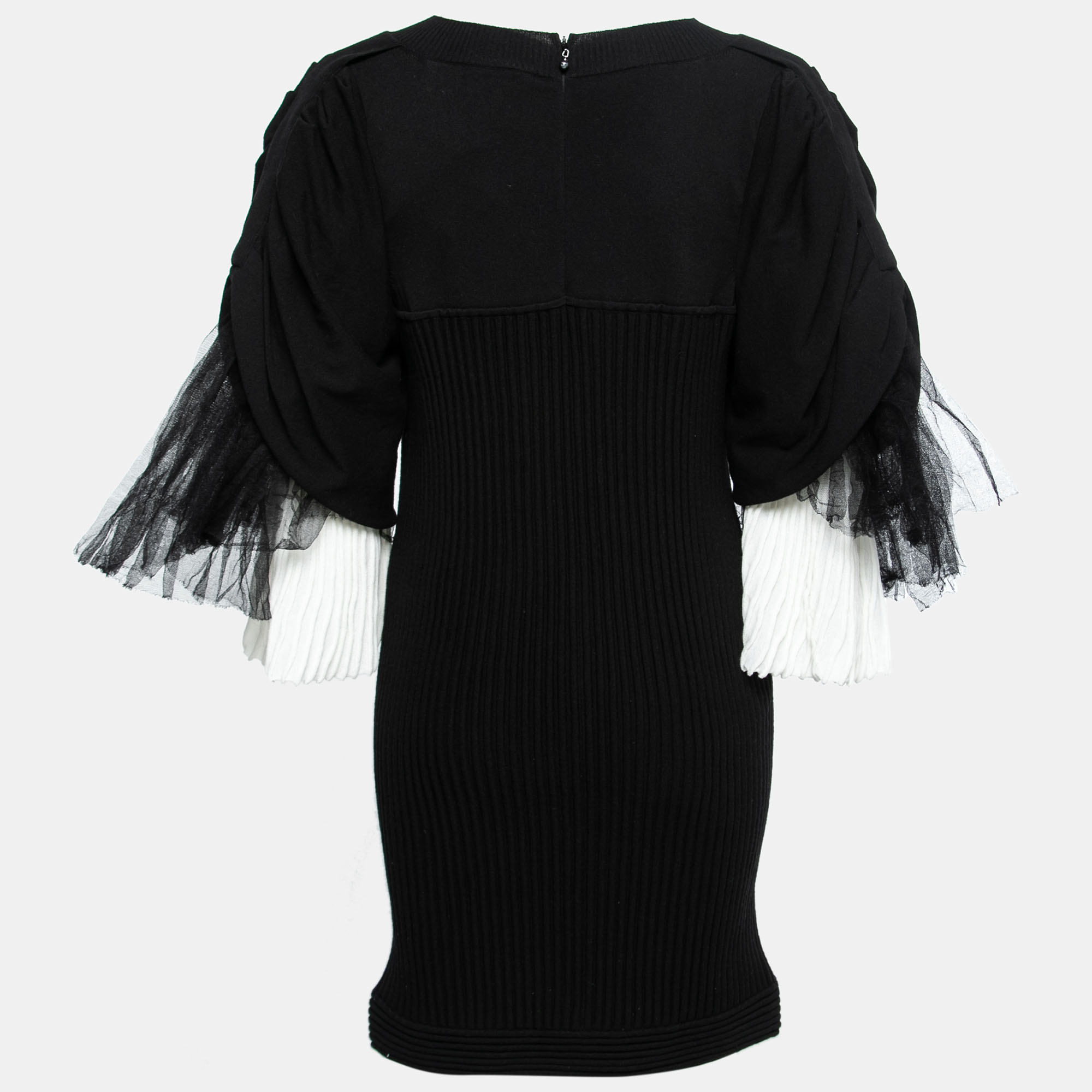 

Chanel Black Rib Knit & Tulle Inset Detailed Dress