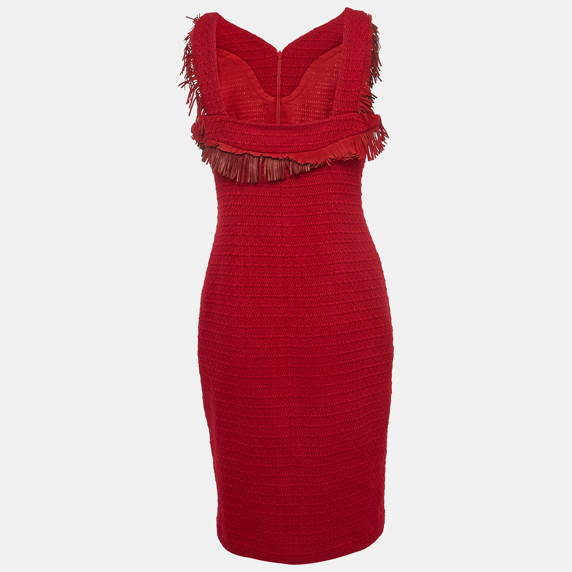 

Chanel Red Suede Fringed Tweed Sleeveless Short Dress L