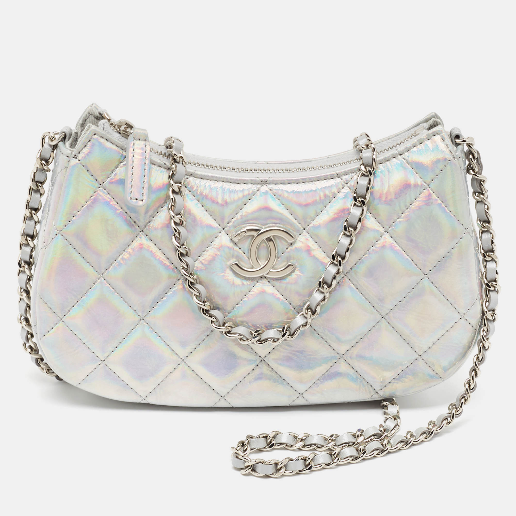 

Chanel Silver Iridescent Quilted Patent Leather CC Chain Clutch