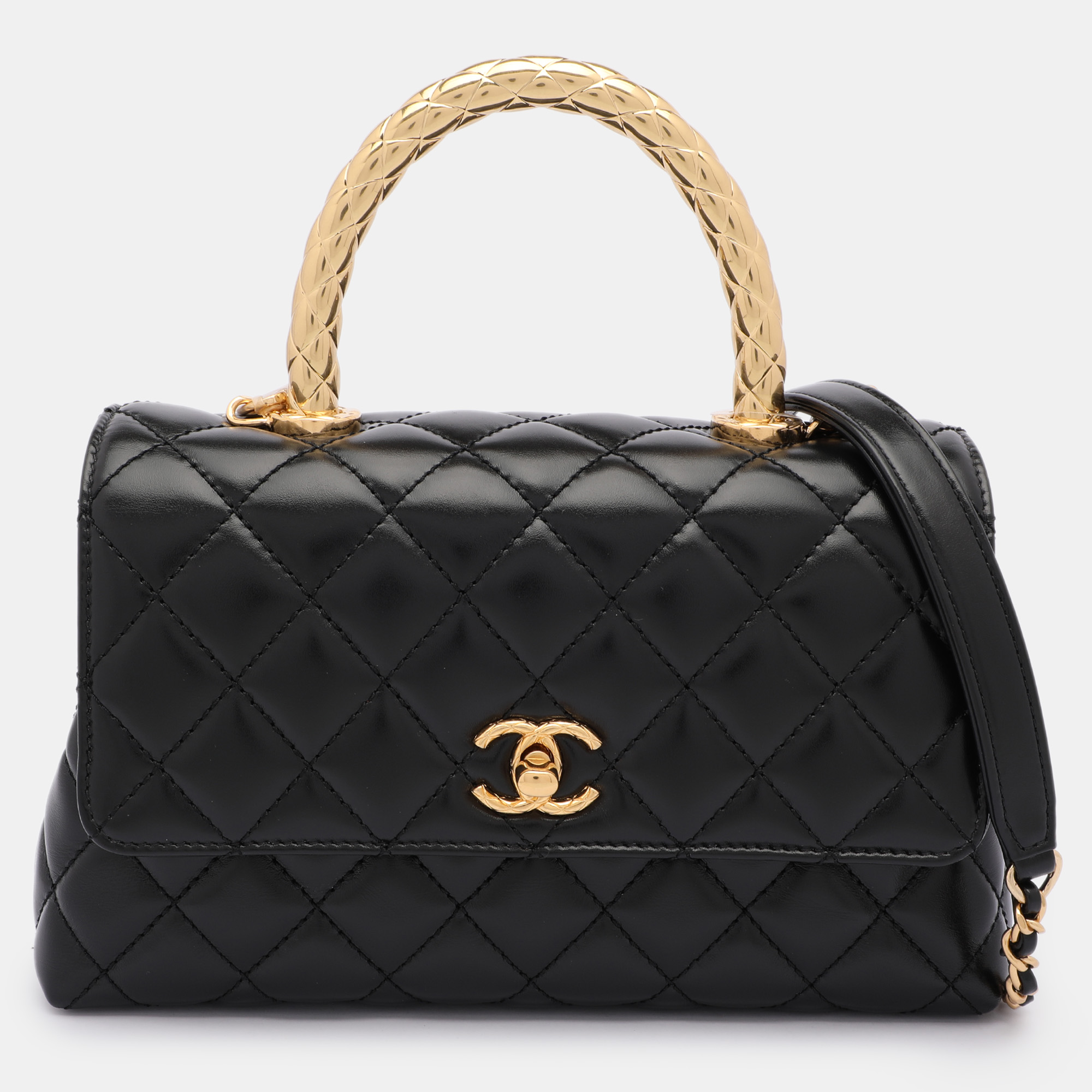 

Chanel Black Quilted Leather  Coco Metal Top Handle Bag