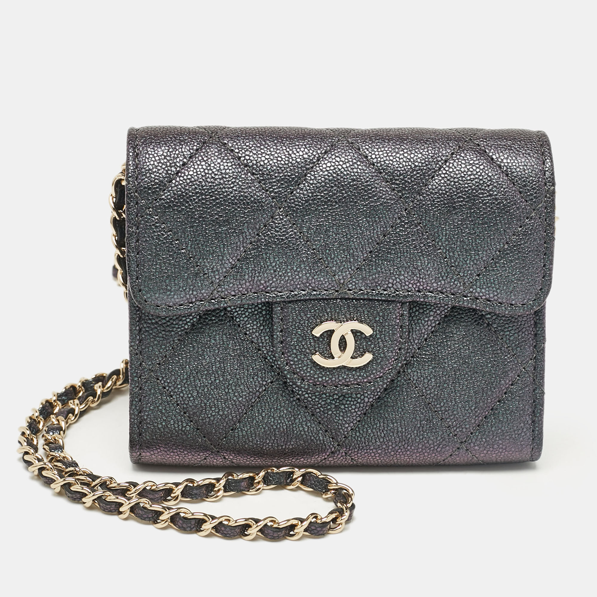 

Chanel Green Iridescent Quilted Caviar Leather Mini Classic Chain Clutch