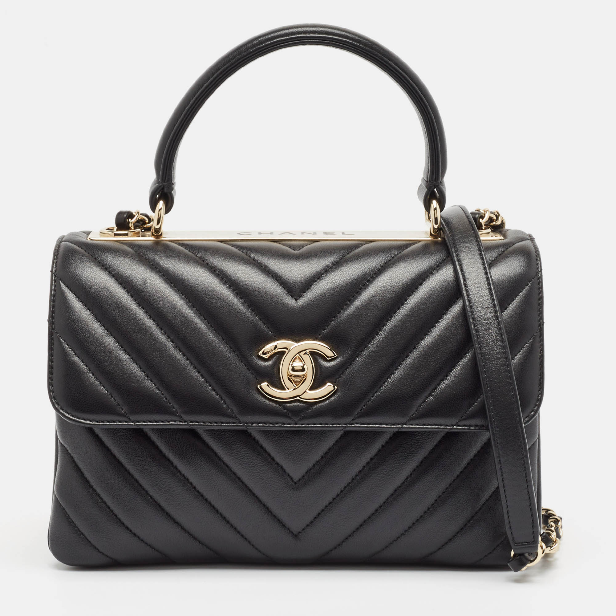 

Chanel Black Chevron Leather  Trendy CC Top Handle Bag