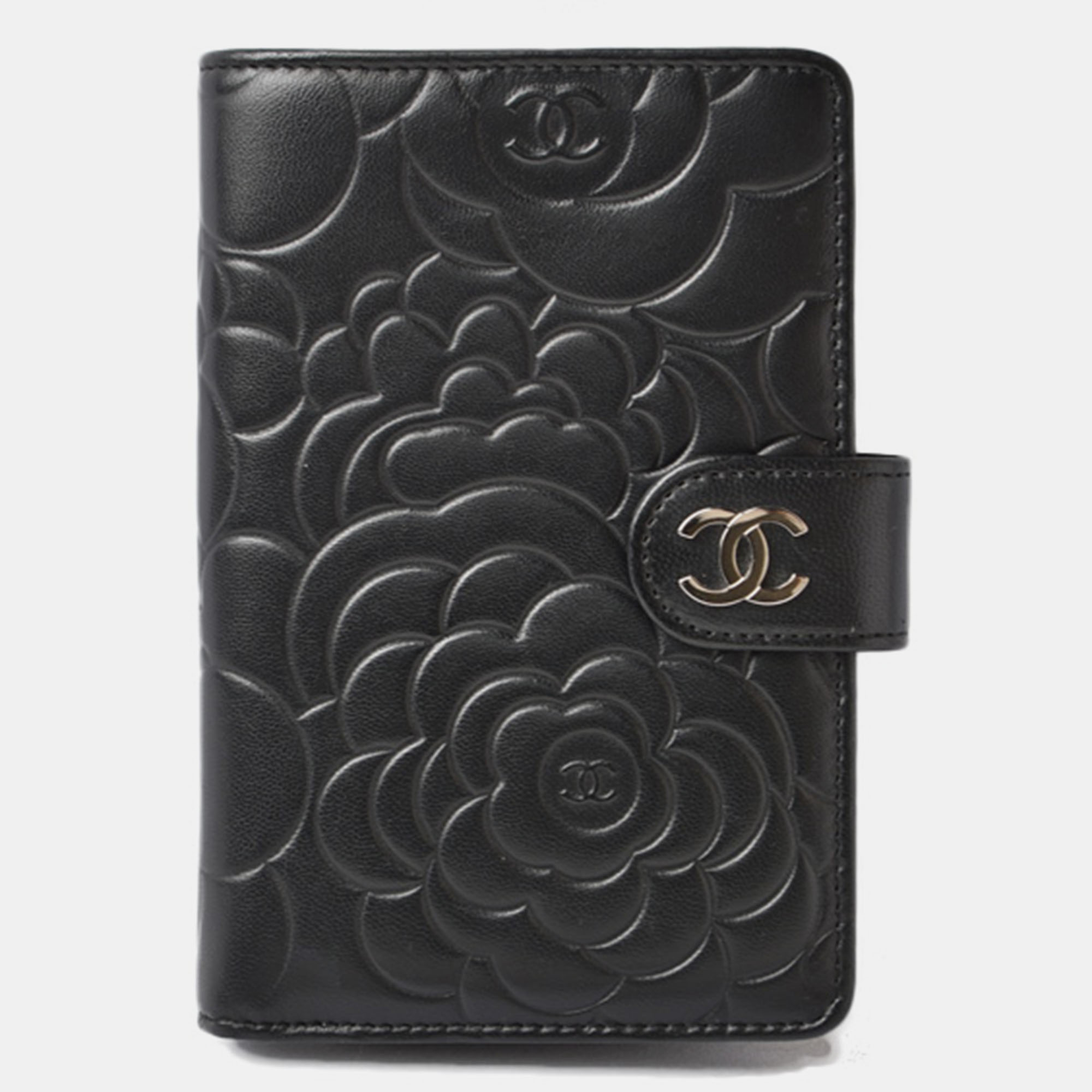 

Chanel Black Leather Camellia Lambskin Small CC French Wallet