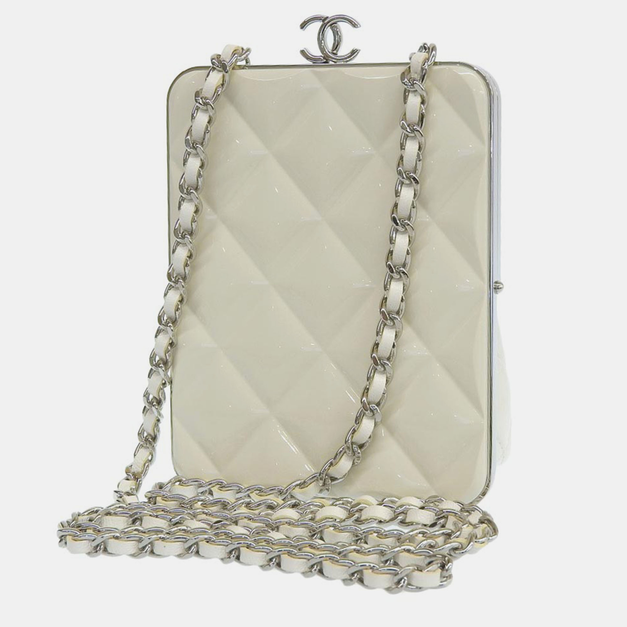 Pre-owned Chanel Lambskin And Plexiglass Kiss Clutch With Chain In White