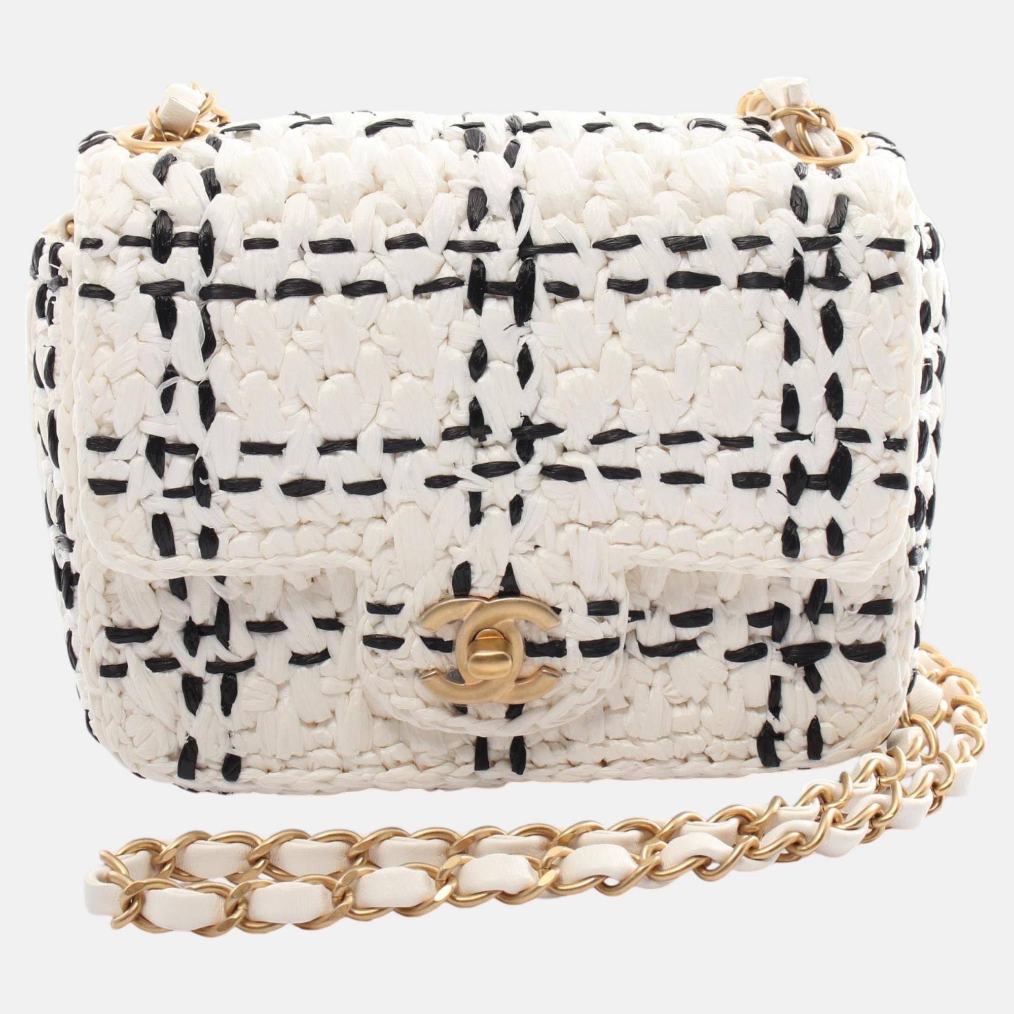 

Chanel White/Black Raffia Effect Tweedy Mini Flap Shoulder Bags