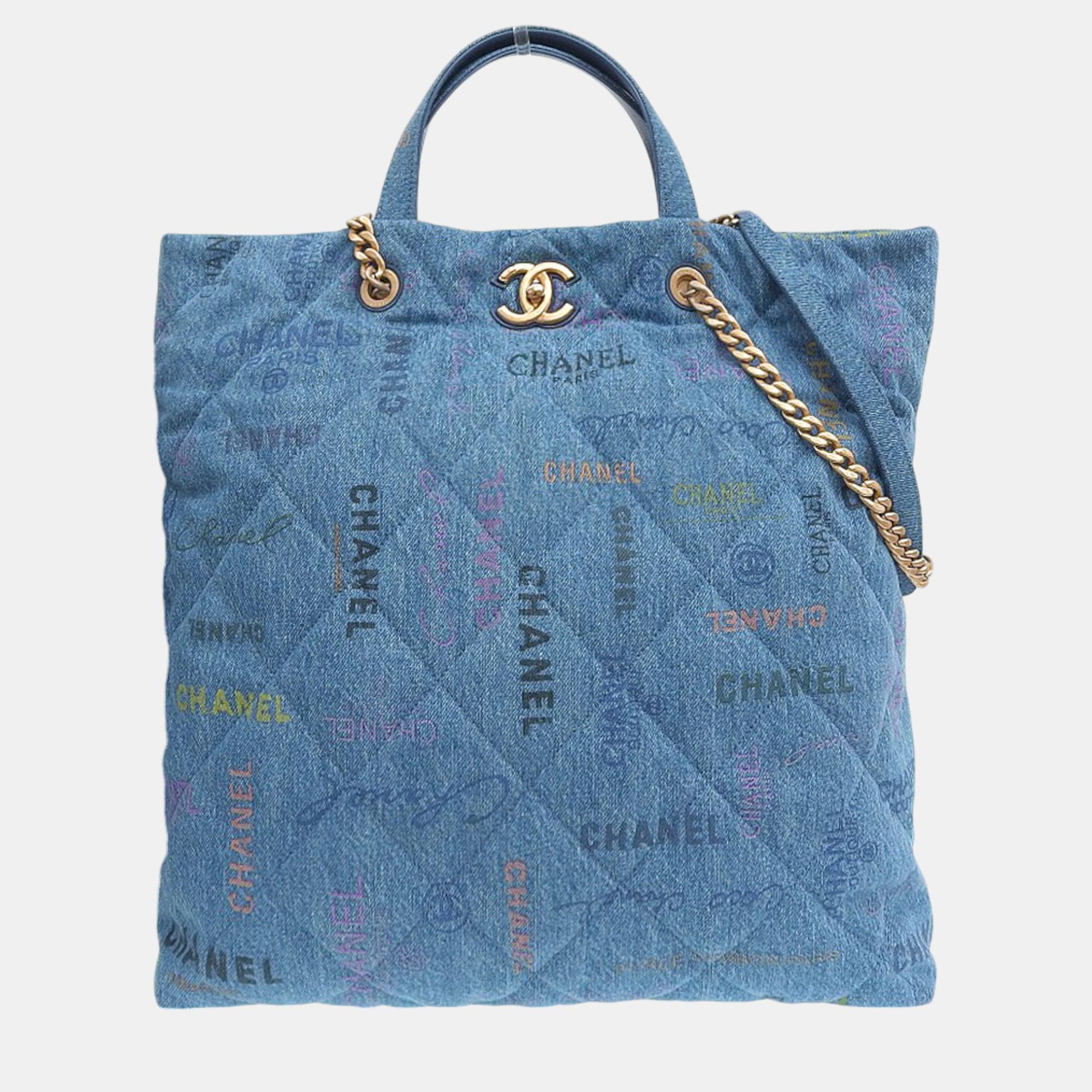 

Chanel Blue Logo Printed Quilted Denim Maxi Denim Mood Shopping Tote Bag