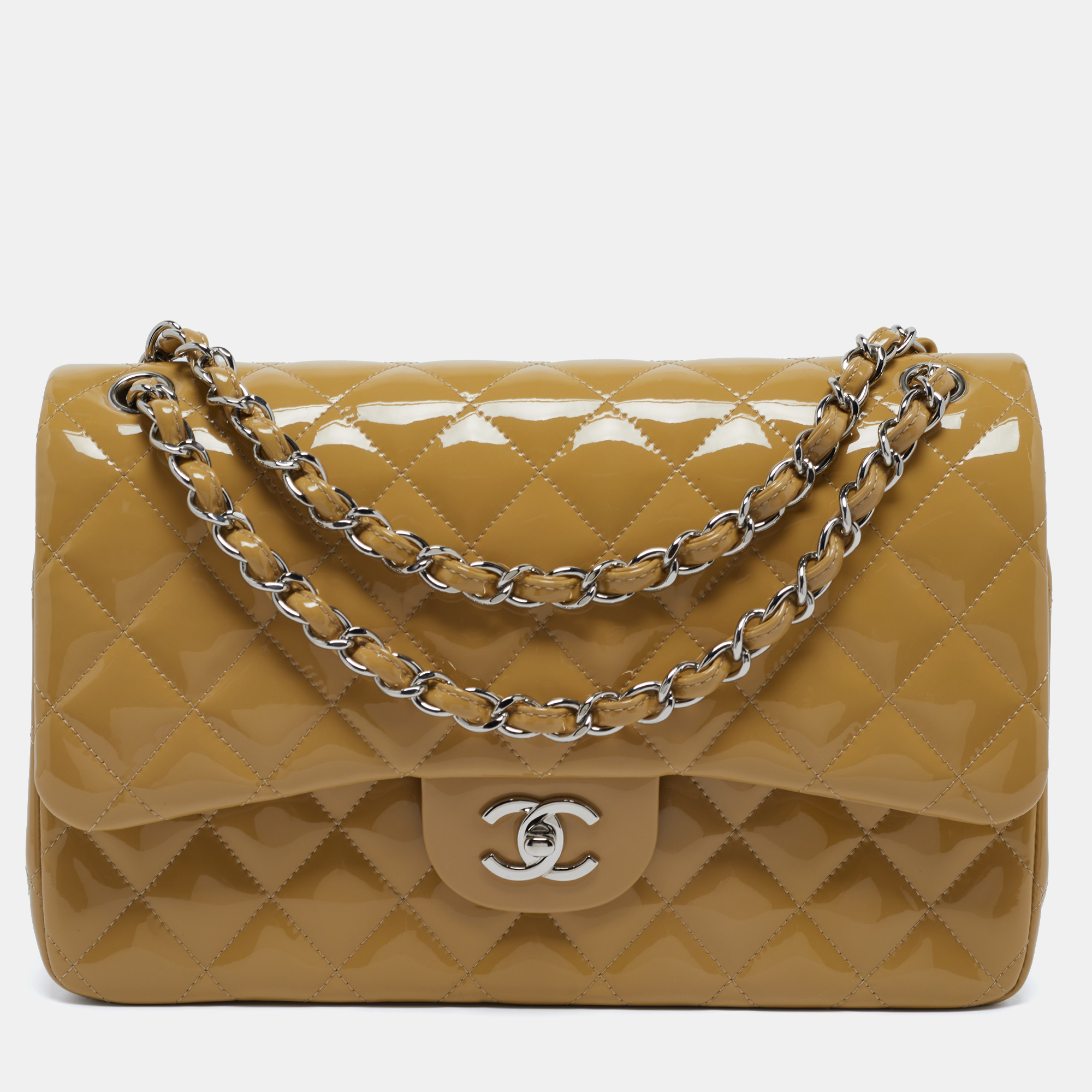 

Chanel Beige Quilted Patent Leather Jumbo Classic Double Flap Bag