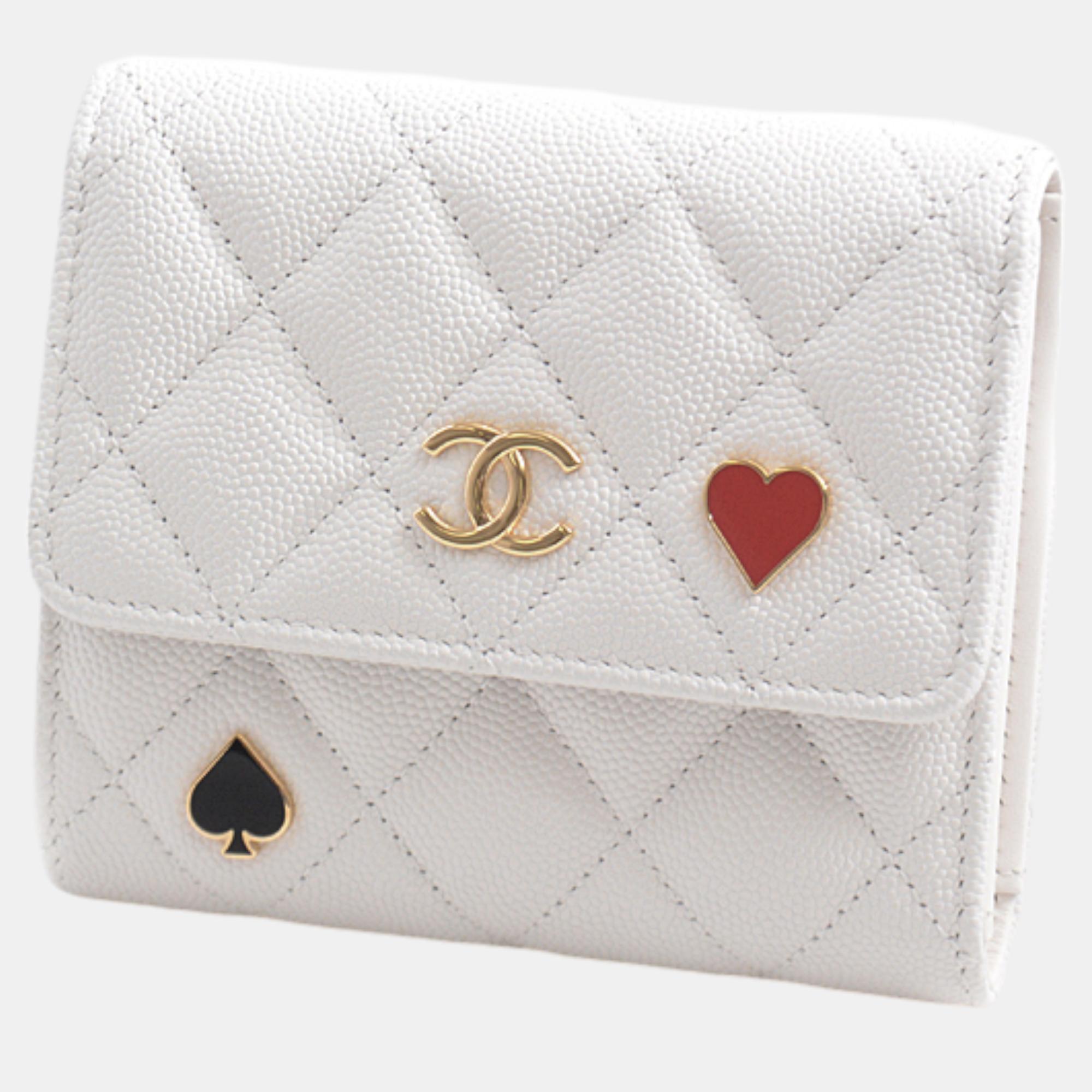 

Chanel Caviar Skin Compact Trifold Wallet White Leather