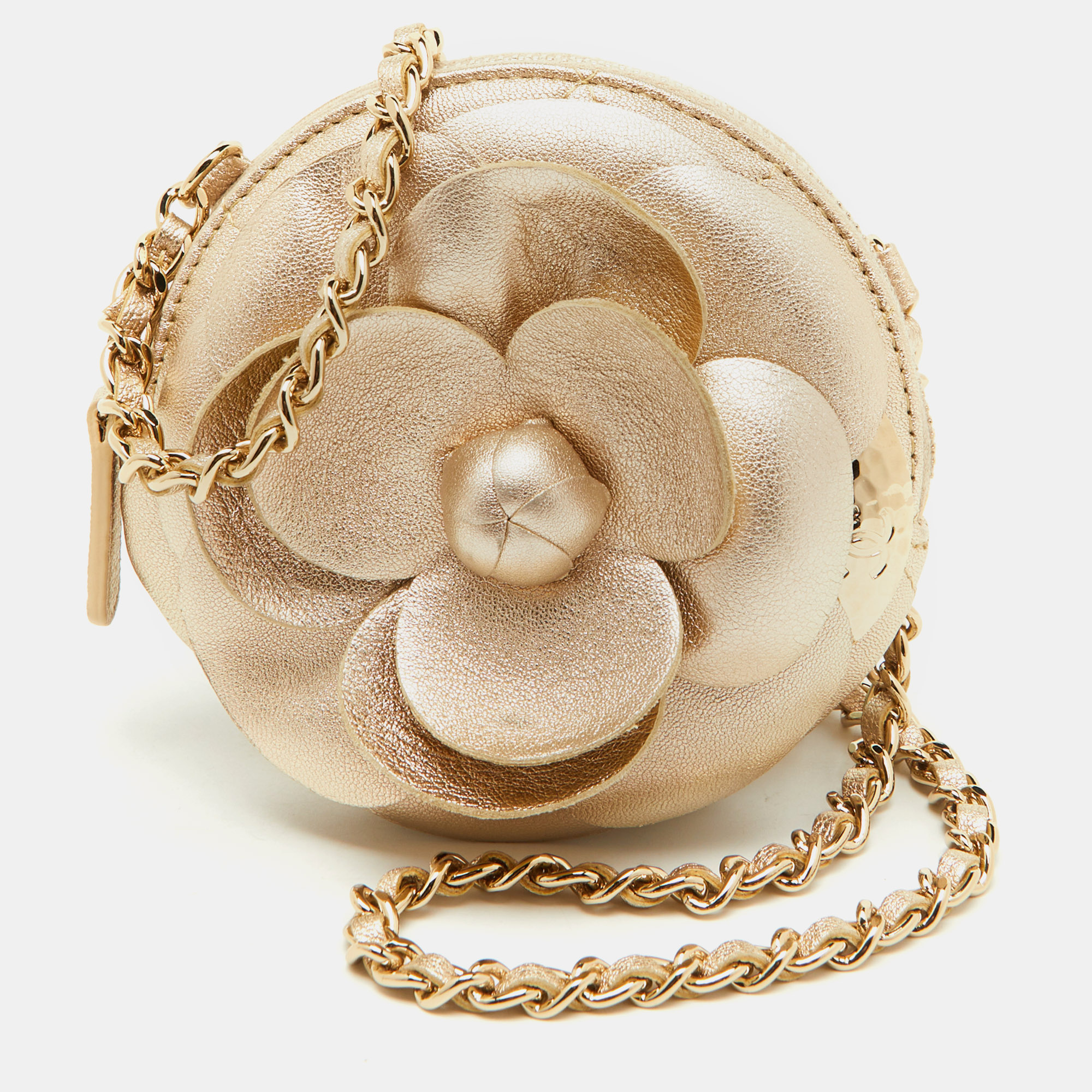 

Chanel Light Gold Leather CC Camellia Round Clutch With Chain