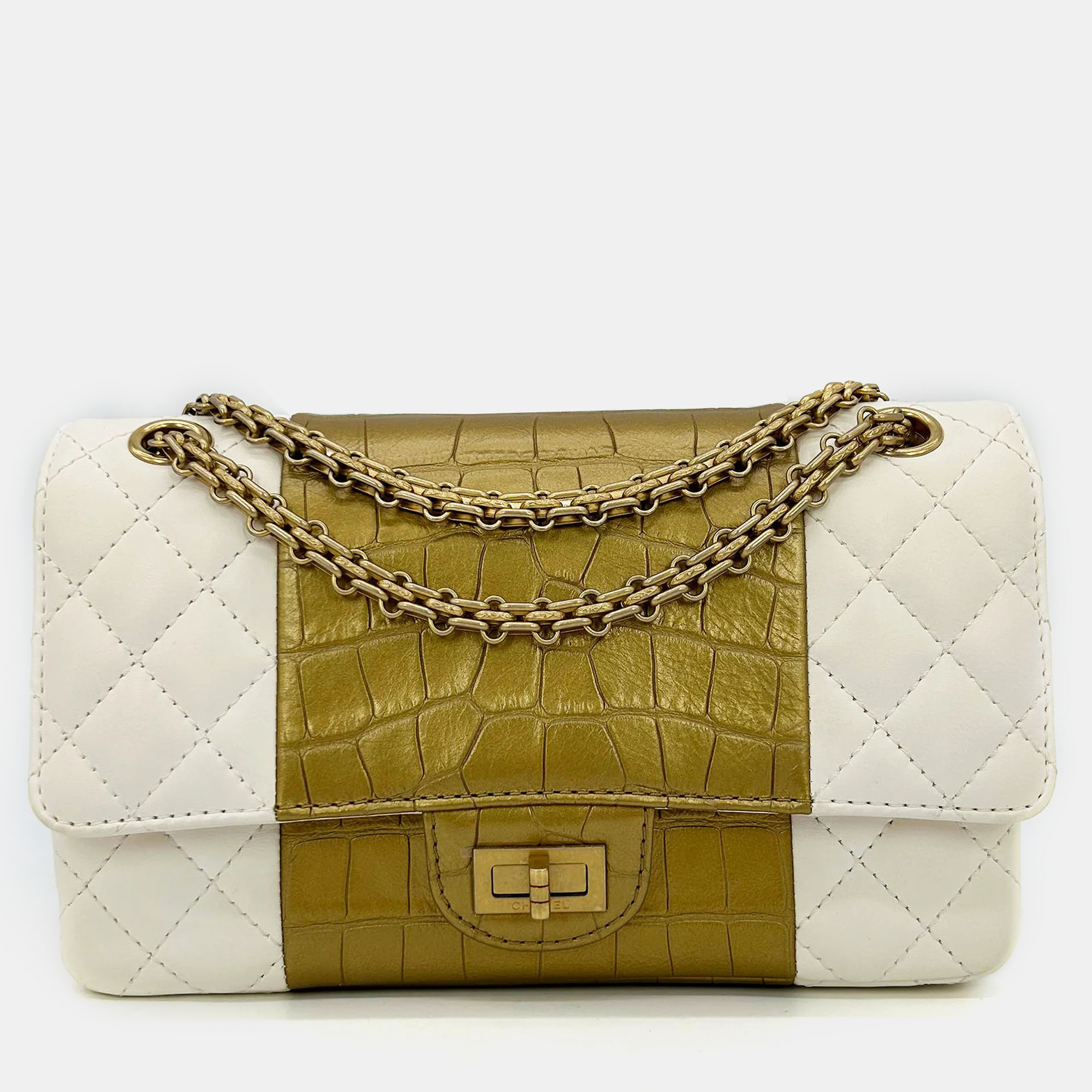 

Chanel Cream Leather Gold Alligator Classic Double Flap 2.55 Reissue Nwt