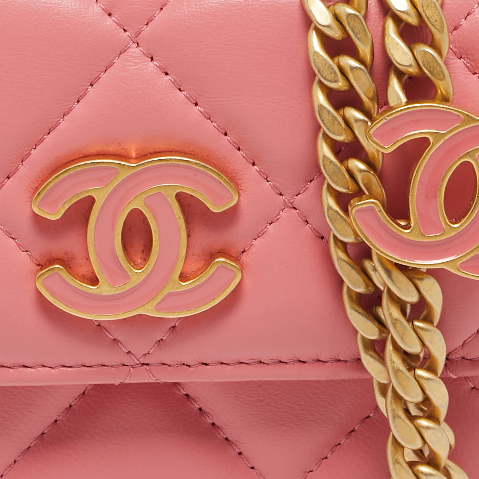 Chanel Pink Quilted Leather CC Charms Card Holder On Chain 
