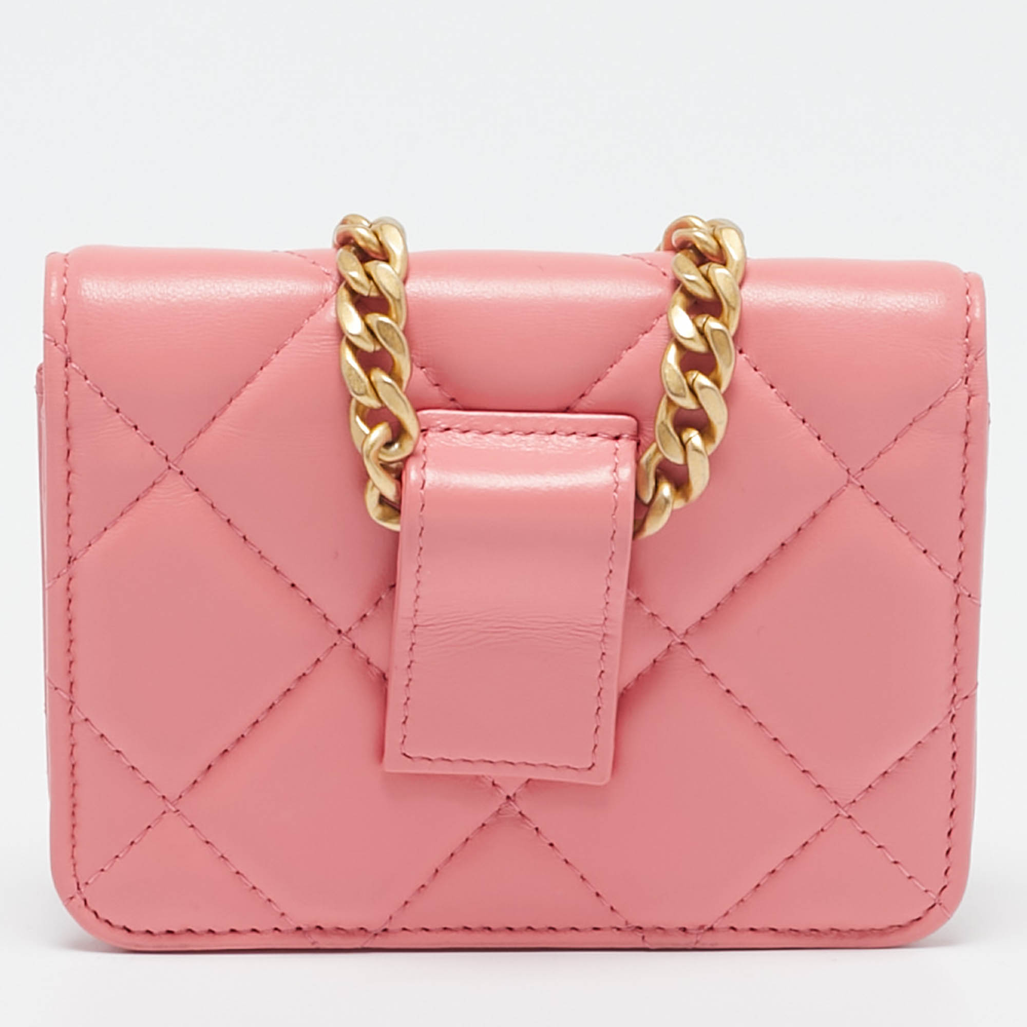 Chanel Pink Quilted Leather CC Charms Card Holder On Chain 