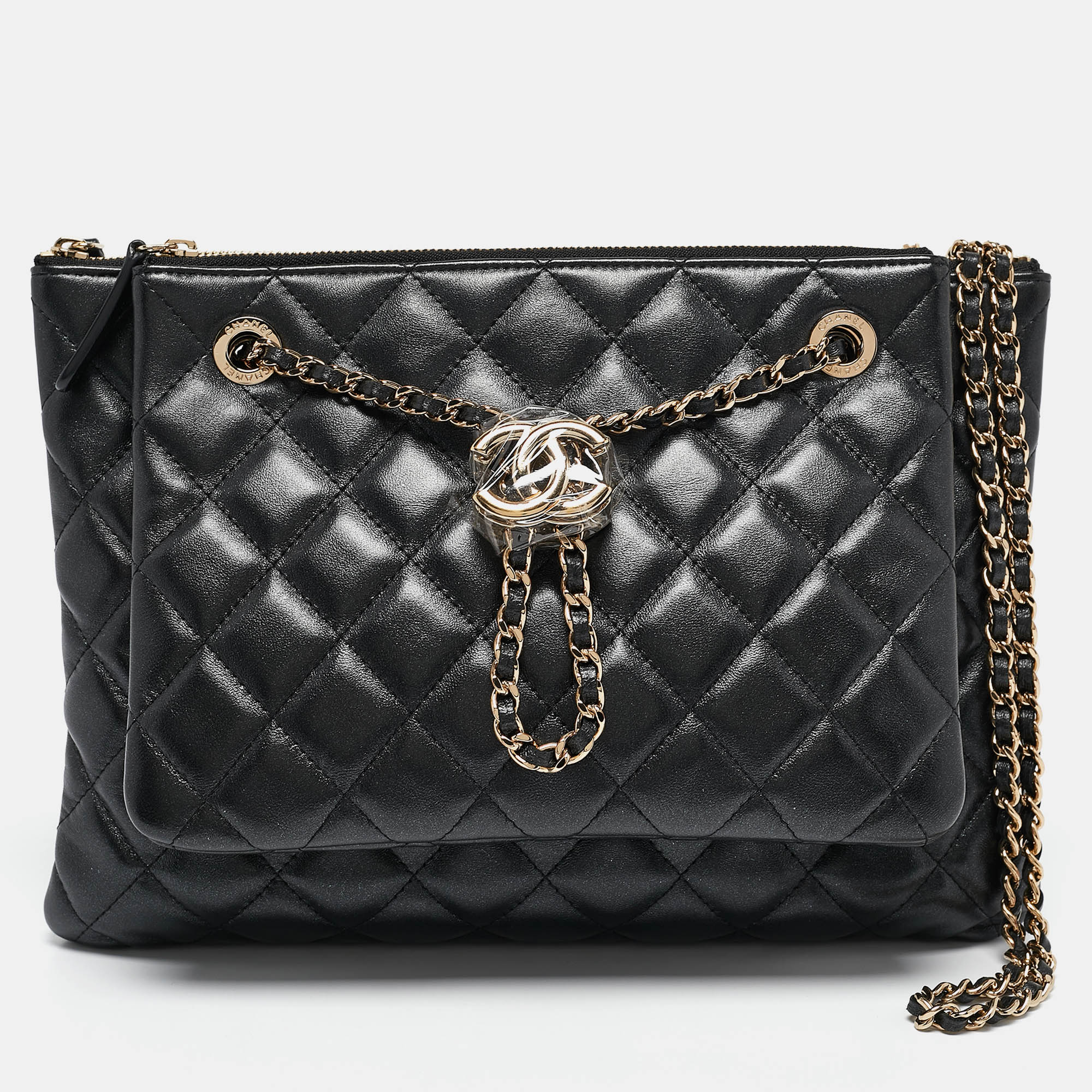 

Chanel Black Quilted Leather Double Zip Pouch Bag