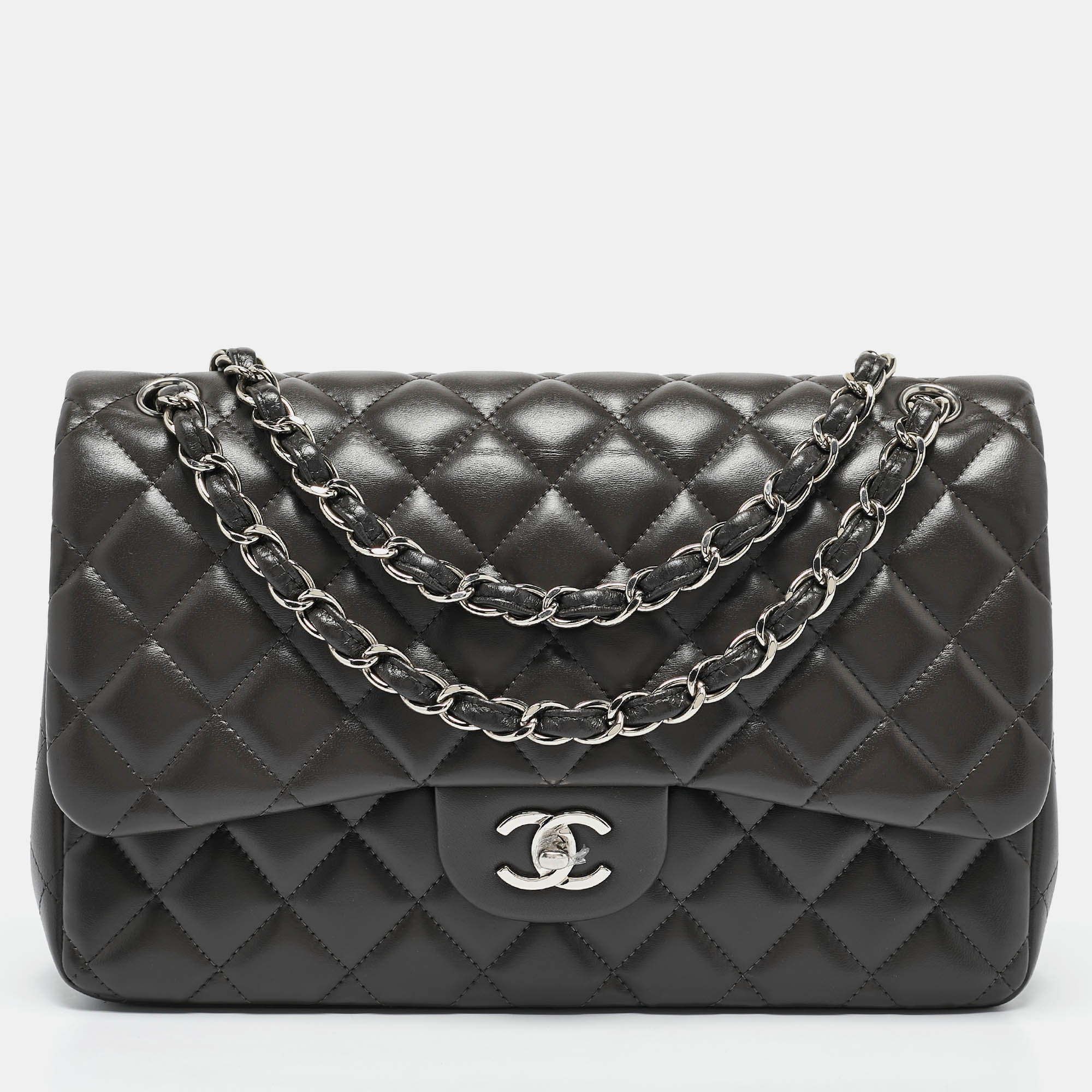 

Chanel Vintage Grey Quilted Leather Jumbo Classic Double Flap Bag