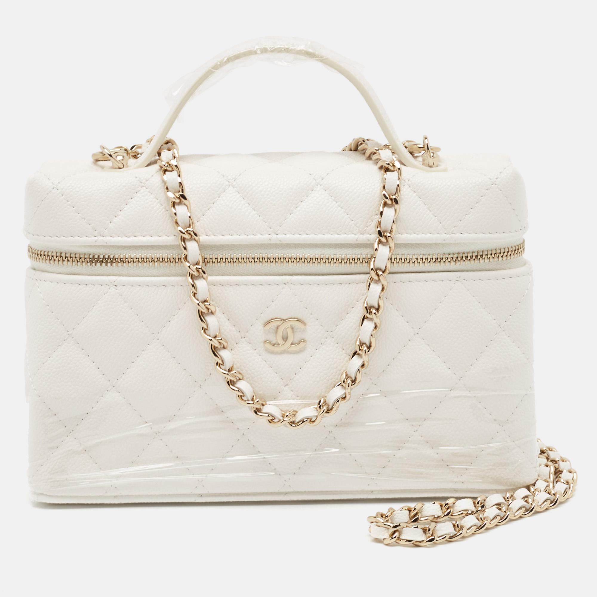 

Chanel White Quilted Caviar Leather CC Long Vanity Case Bag