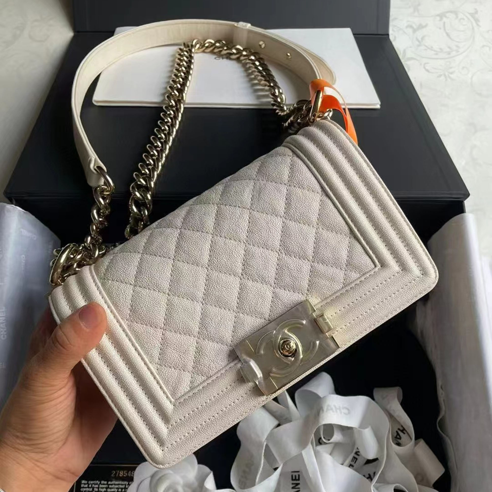 Chanel white Caviar Leather leboy Small bag 