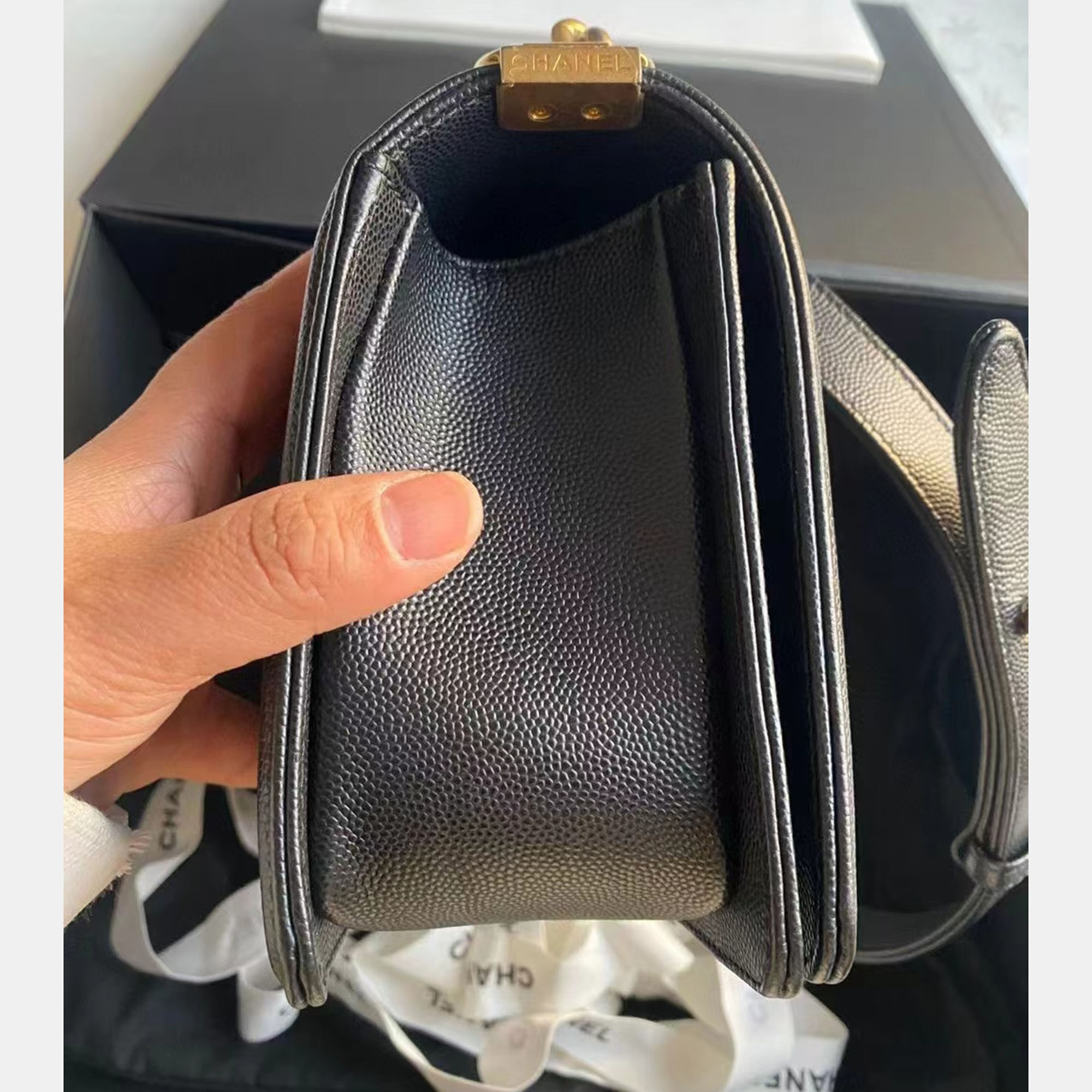 Chanel Black Gold Caviar Leather Boy Medium Bag 