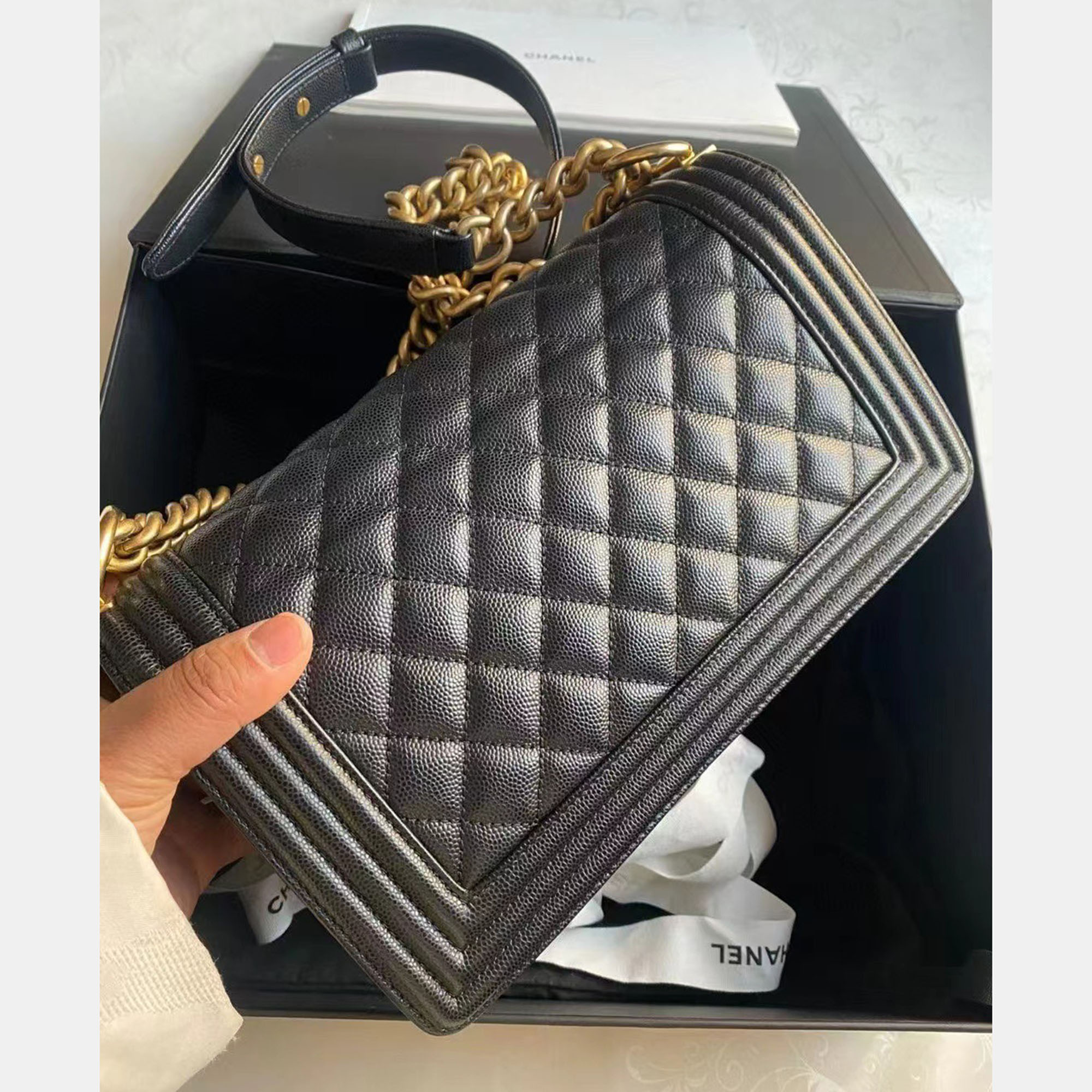 Chanel Black Gold Caviar Leather Boy Medium Bag 