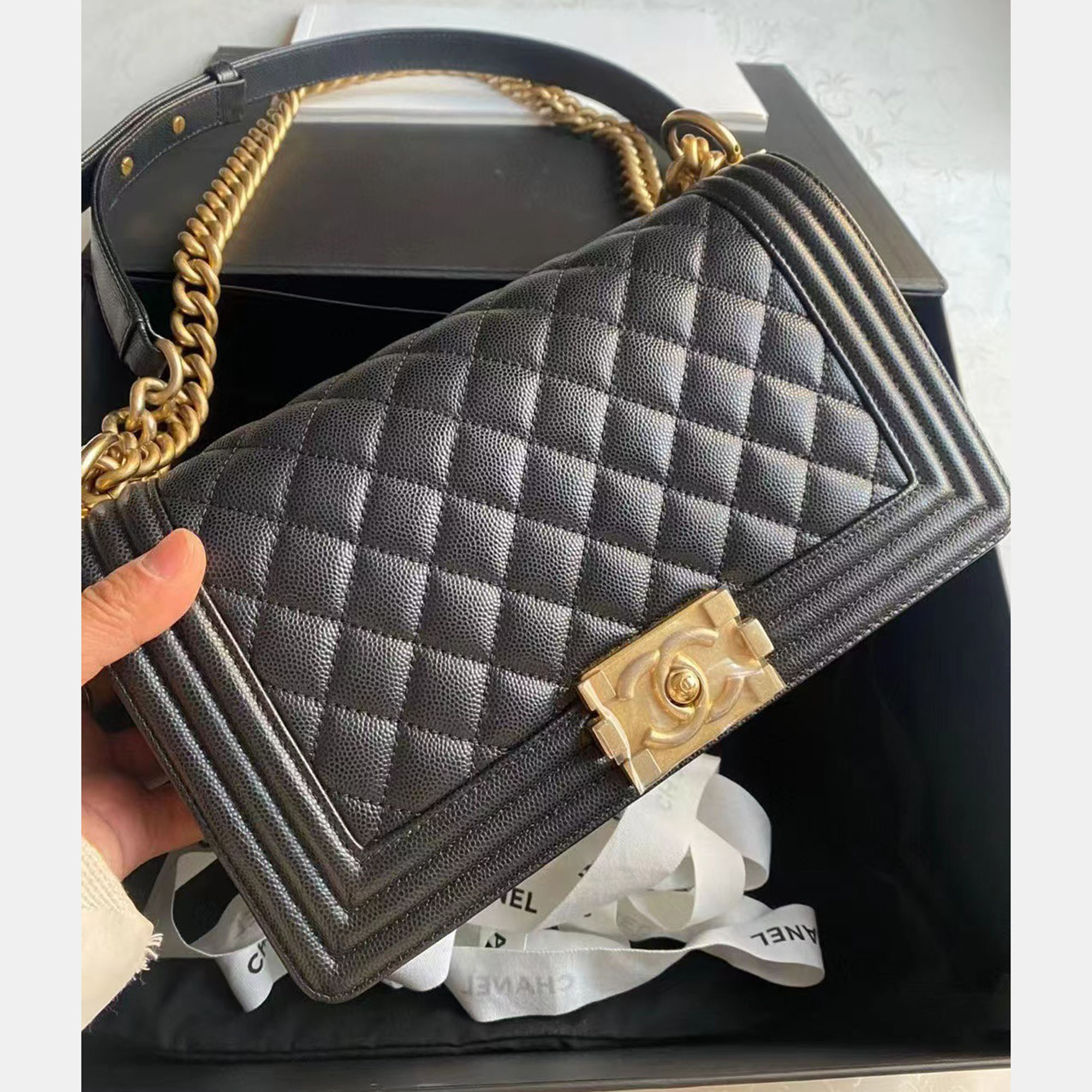 Chanel Black Gold Caviar Leather Boy Medium Bag 