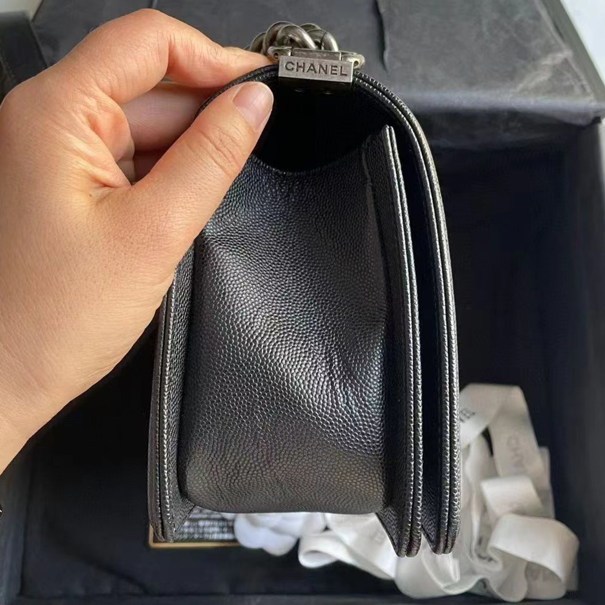 Chanel Black Silver Caviar Leather Leboy Medium Bag 