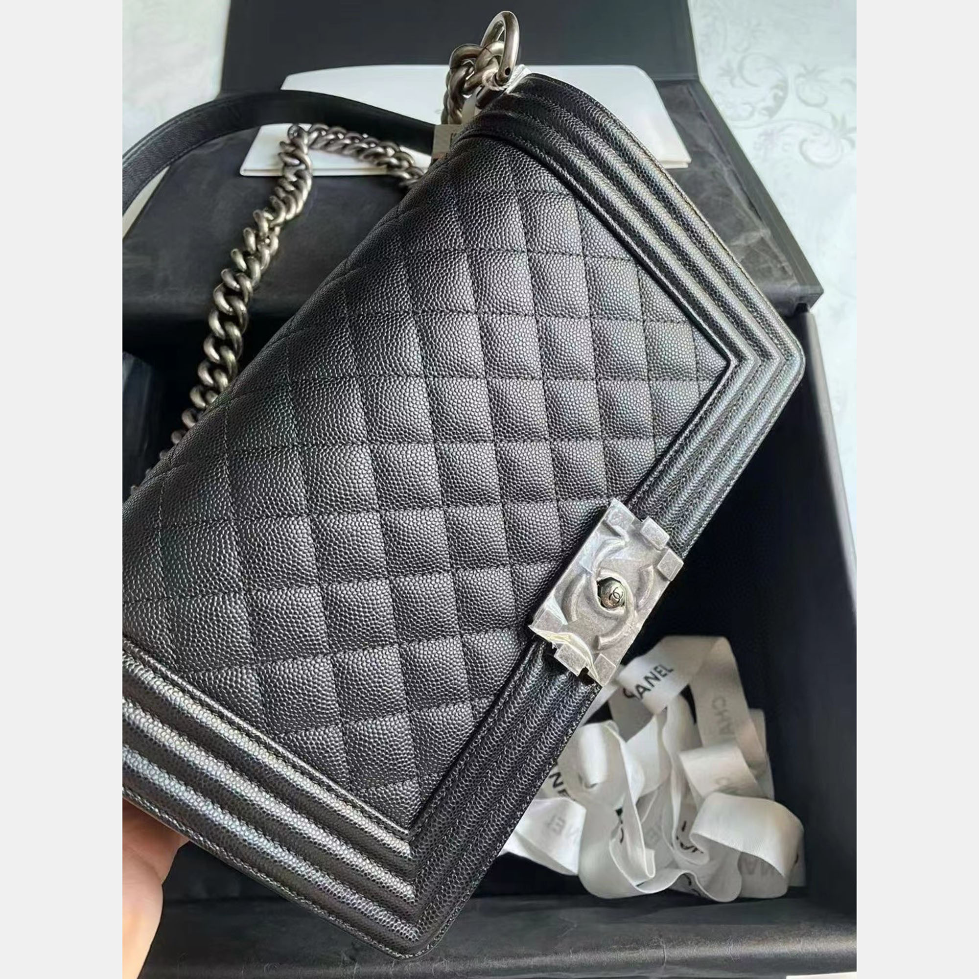 Chanel Black Silver Caviar Leather Leboy Medium Bag 