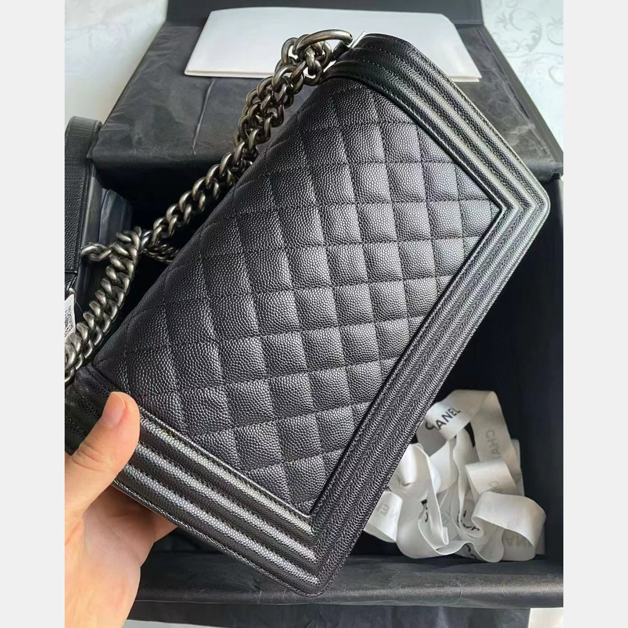 Chanel Black Silver Caviar Leather Leboy Medium Bag 