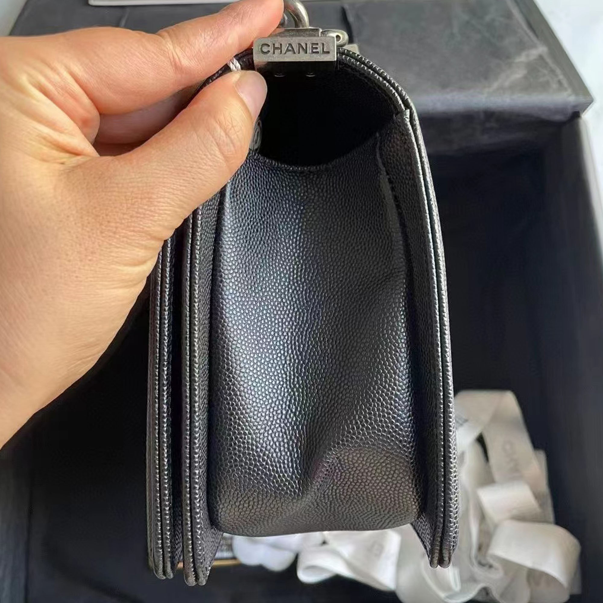 Chanel Black Silver Caviar Leather Leboy Medium Bag 