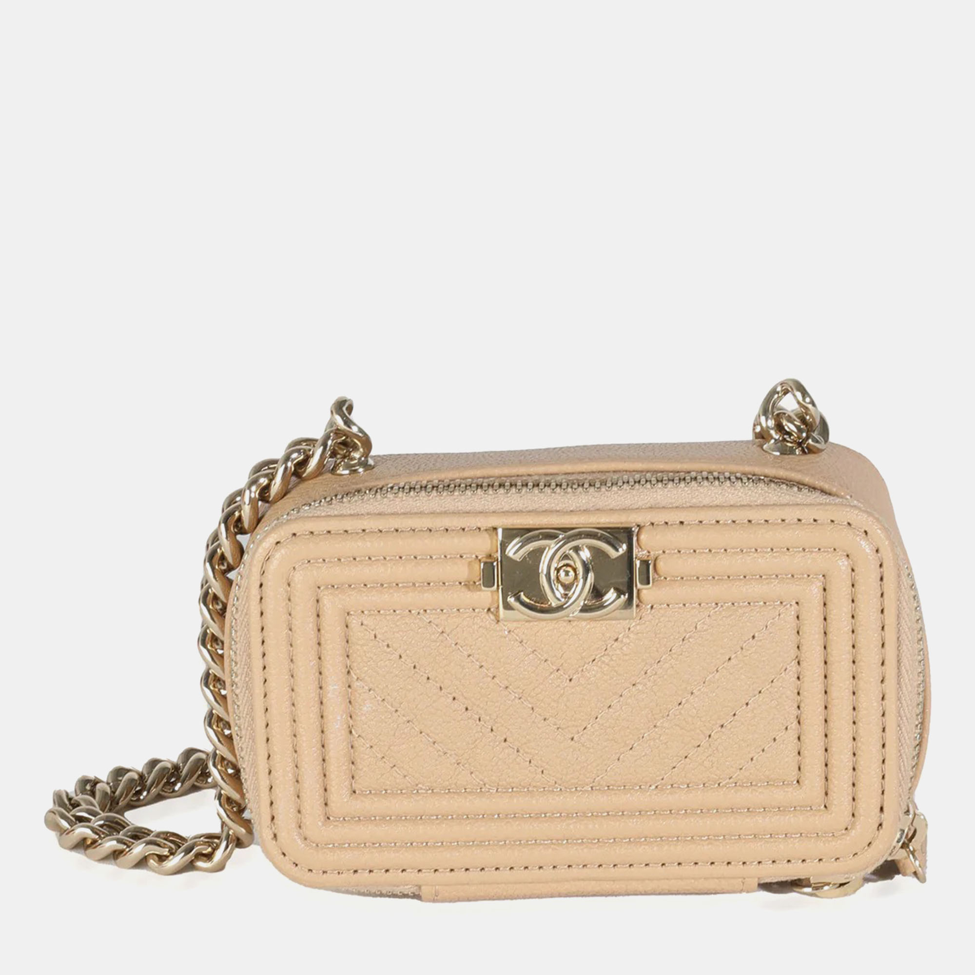 

Chanel 22S Beige Caviar Chevron Quilted Mini Boy Clutch Handbag With Chain