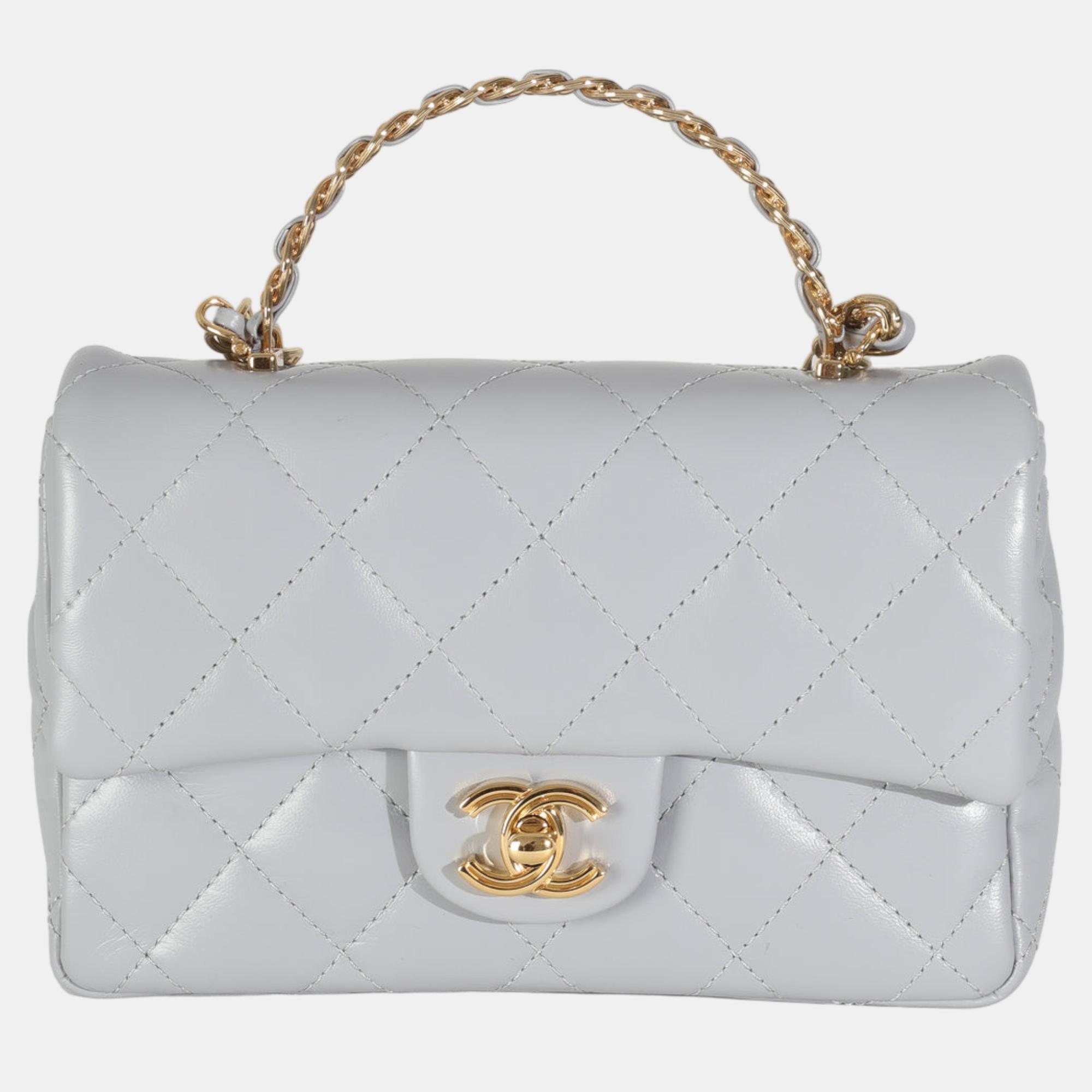 

Chanel 23B Grey Quilted Shiny Lambskin Mini CC Top Handle Flap Bag