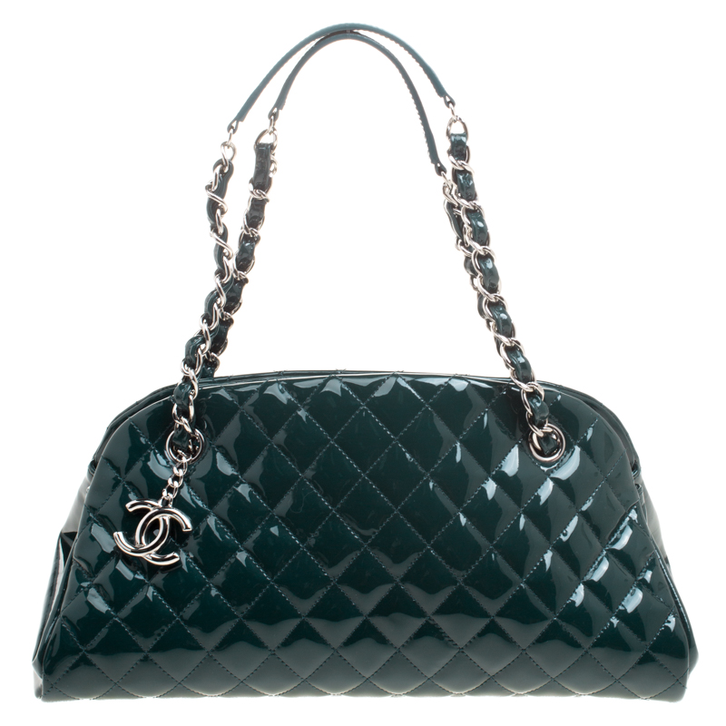 Pre Owned Chanel Green Quilted Patent Leather Medium Just Mademoiselle Bowling Bag