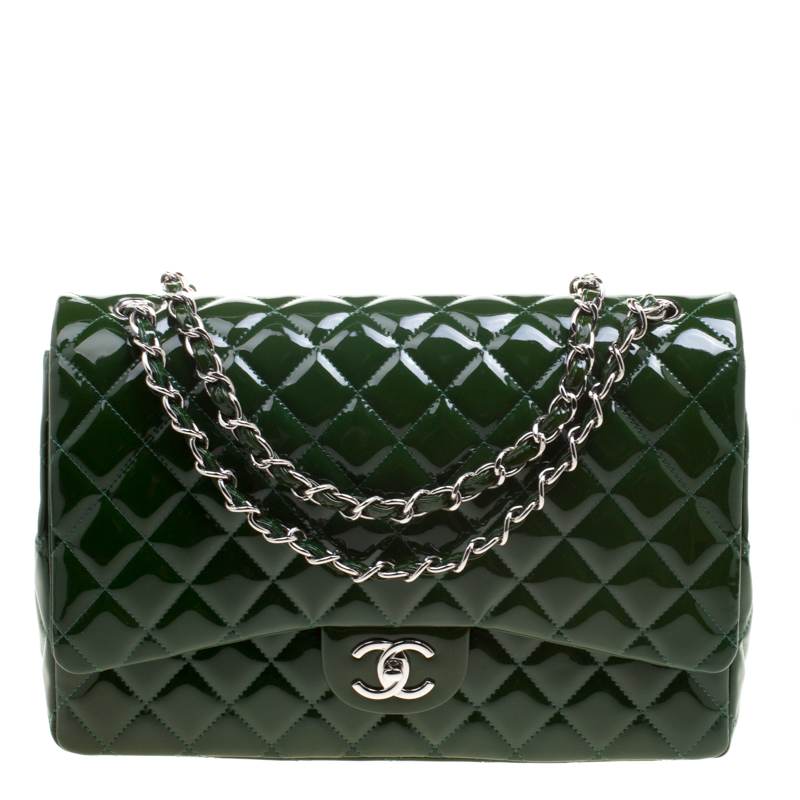 Chanel Green Quilted Patent Leather Maxi Classic Double Flap Bag