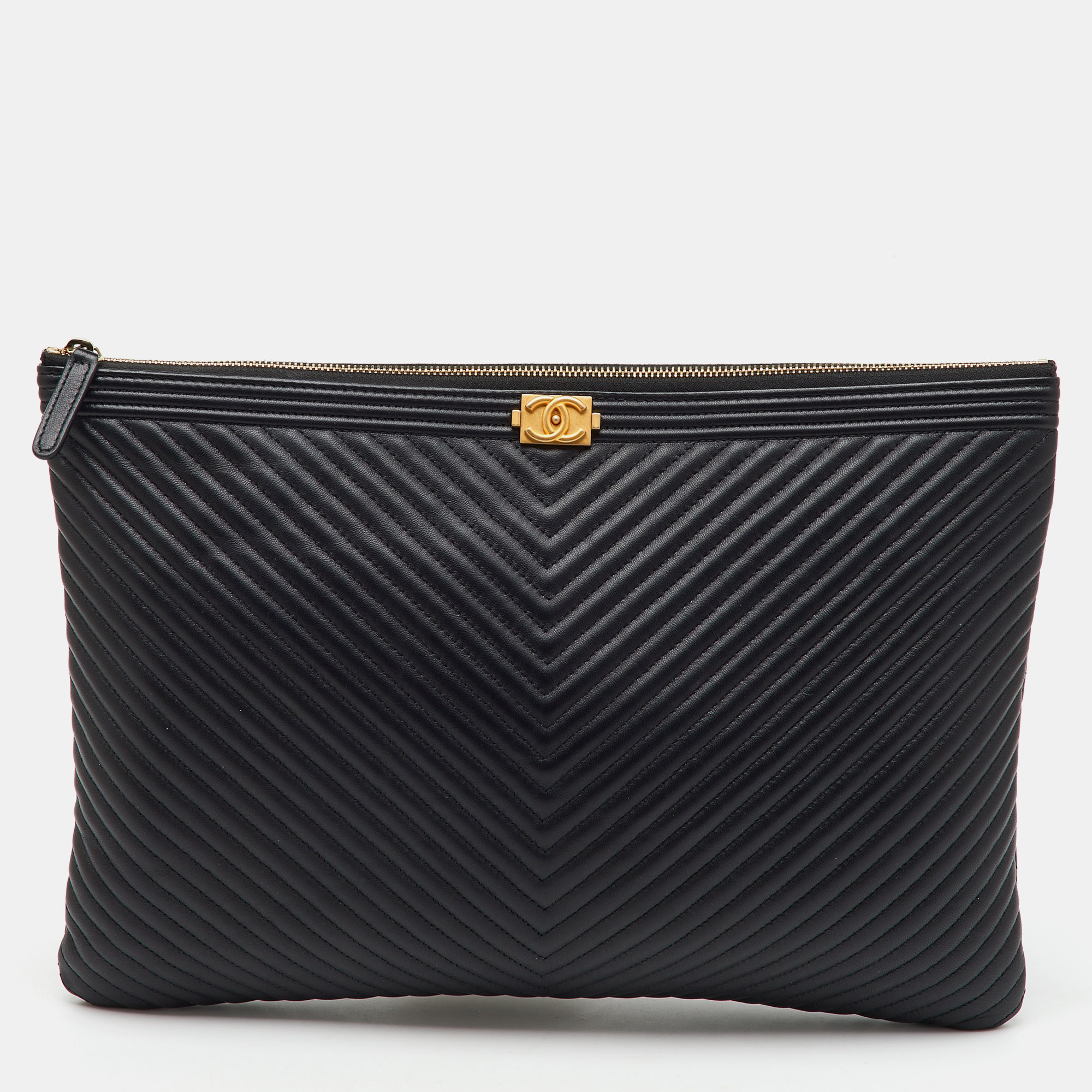 

Chanel Black Leather Boy Chevron Large O-Case Zip Pouch