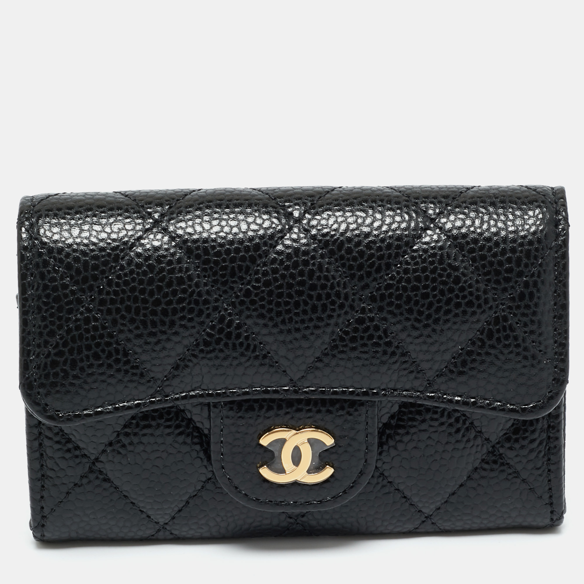 Pre-owned Chanel Black Quilted Caviar Leather Classic Flap Card Holder