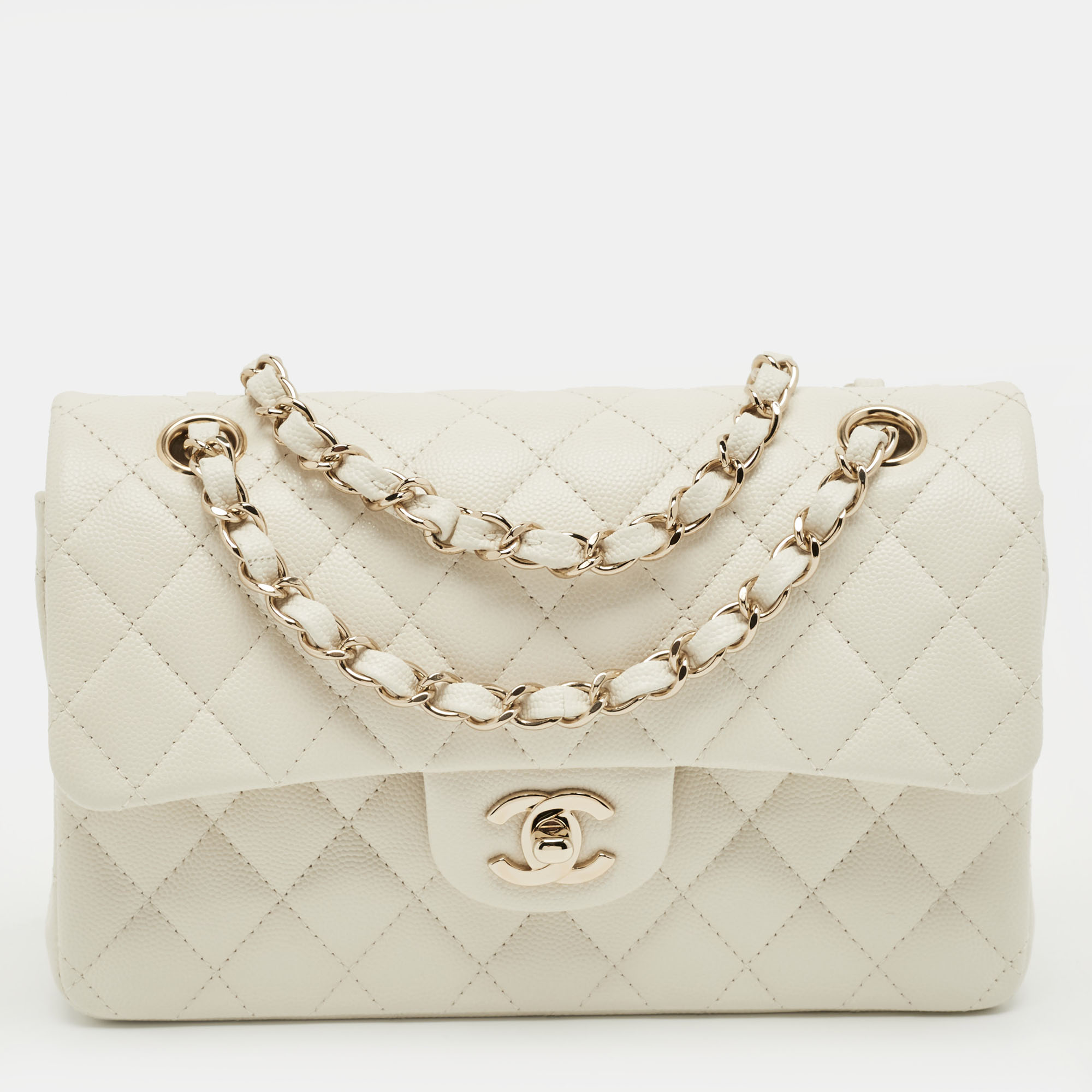 CHANEL Pre-owned Off White Quilted Caviar Leather Small Classic Double Flap Bag