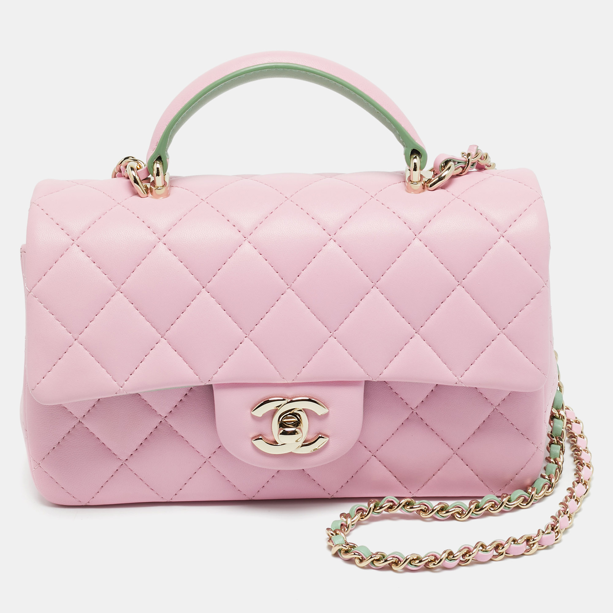 

Chanel Pink/Green Quilted Leather Mini Rectangular Top Handle Bag