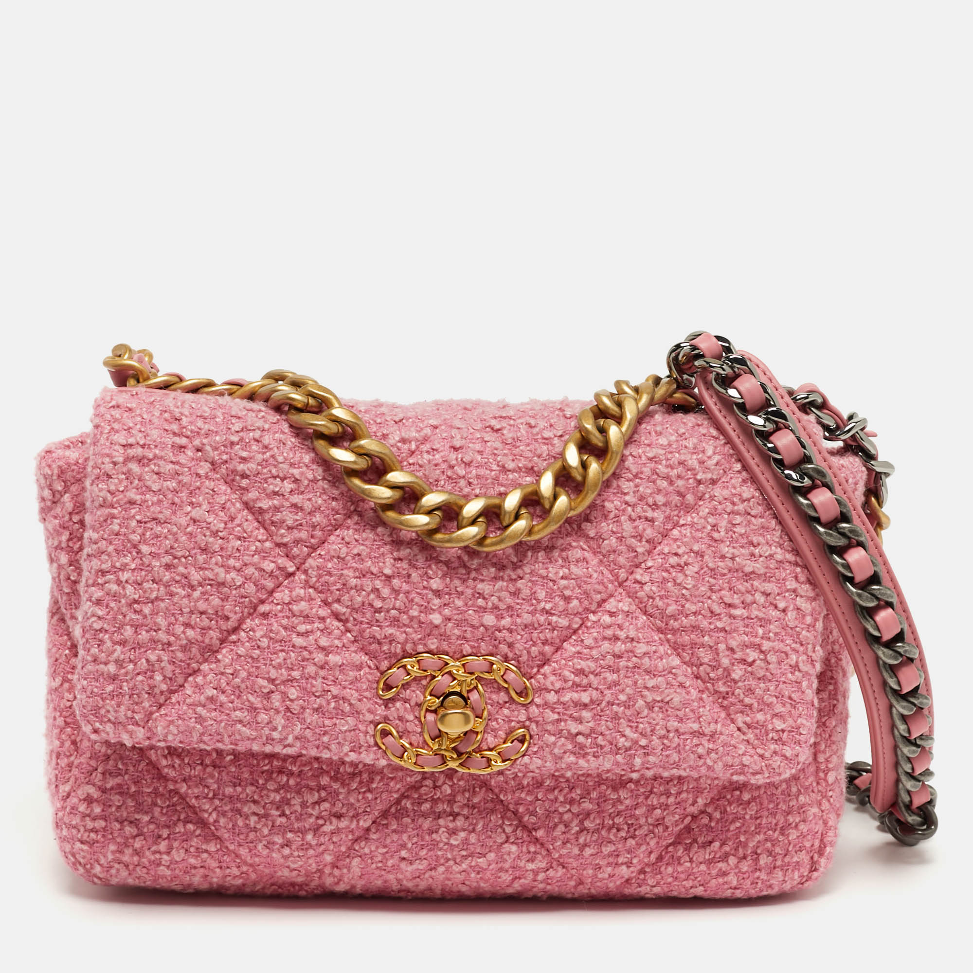 

Chanel 19  Pink Quilted Tweed Flap Bag