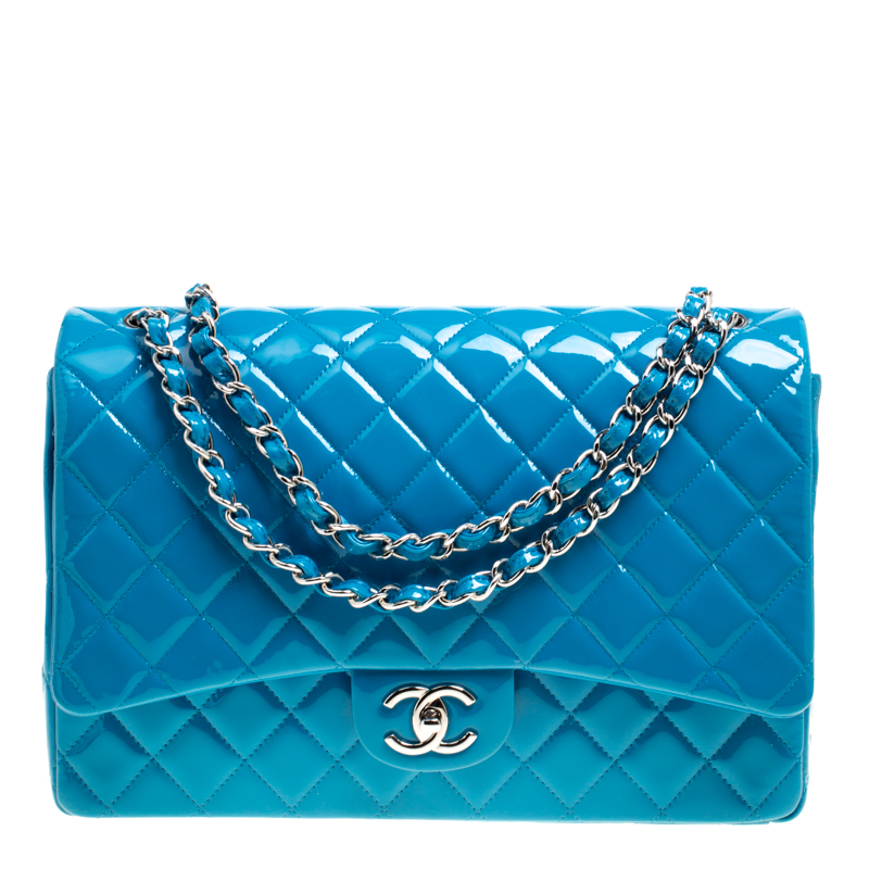 Chanel Turquoise Quilted Patent Leather Maxi Classic Double Flap Bag ...