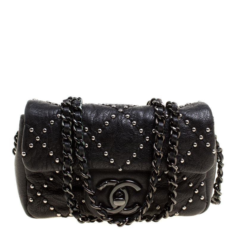 Chanel Black Leather Studded Mini Flap Shoulder Bag