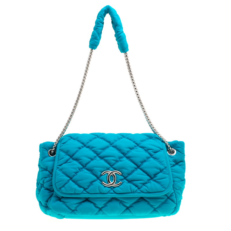 Pre Owned Chanel Turquoise Quilted Bubble Jersey Snake Effect Chain Shoulder Bag