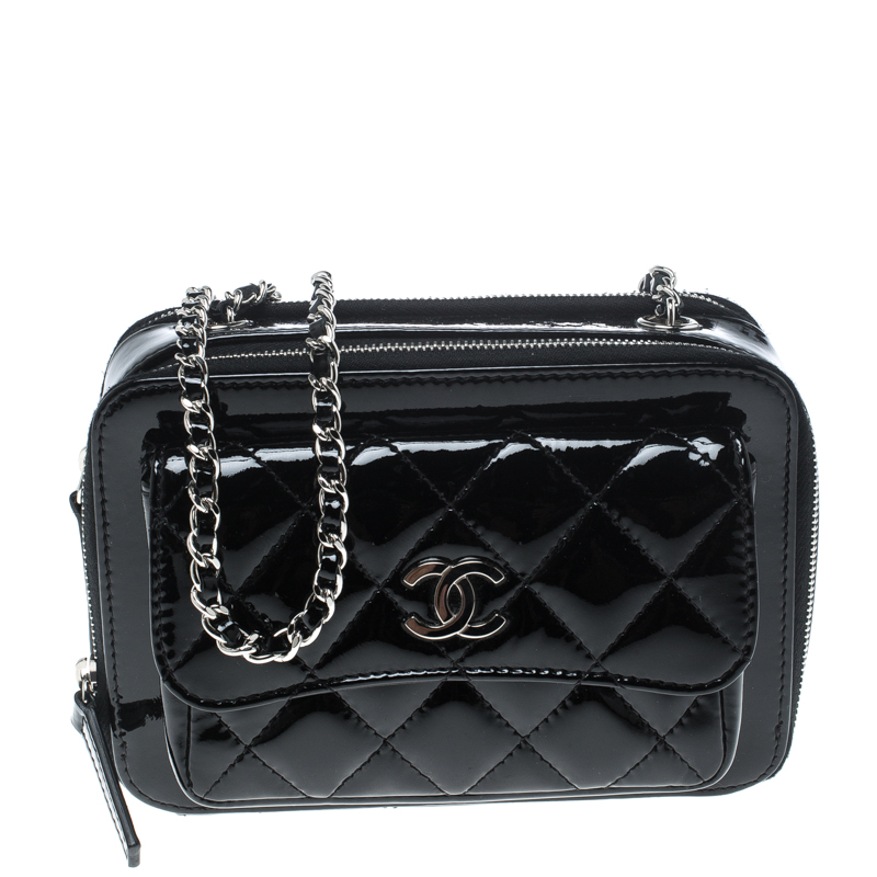Chanel Black Quilted Patent Leather Mini Camera Pocket Box Case Shoulder Bag
