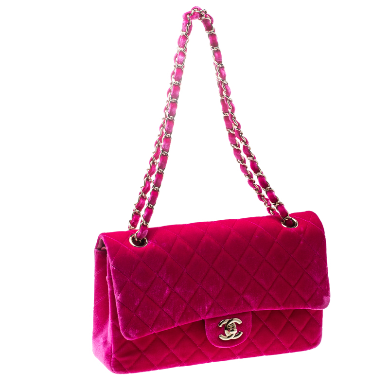 Chanel Fuchsia Pink Quilted Velvet Medium Classic Double Flap Bag Chanel